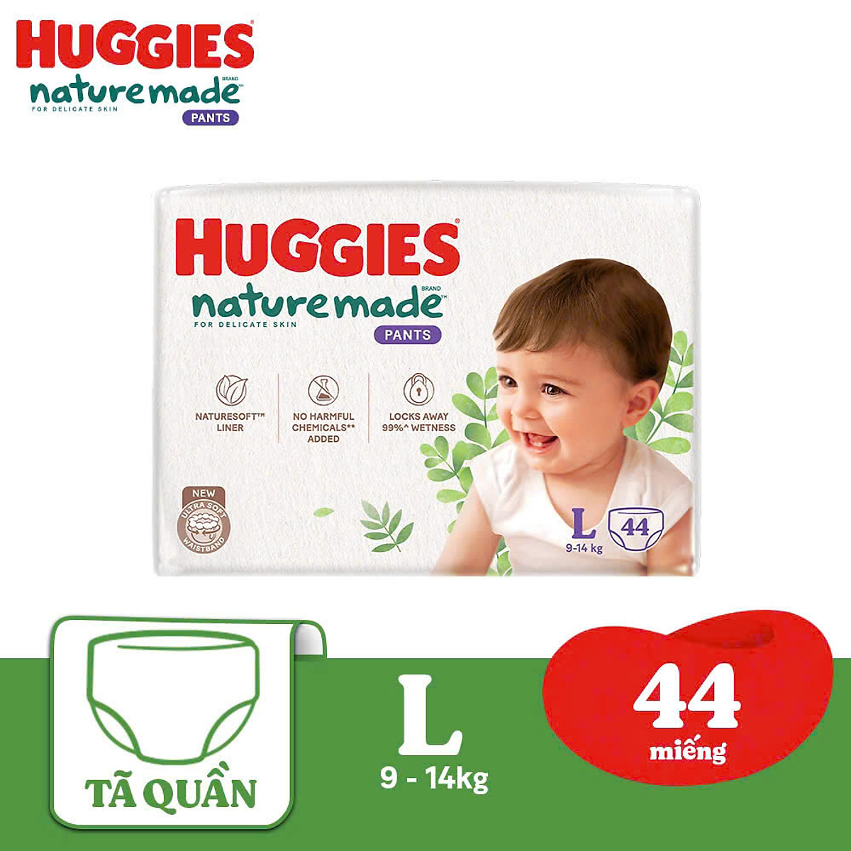 Tã/Bỉm quần Huggies Platinum NatureMade M58/L44/XL38/XXL26-Gói Super Jumbo & Jumbo