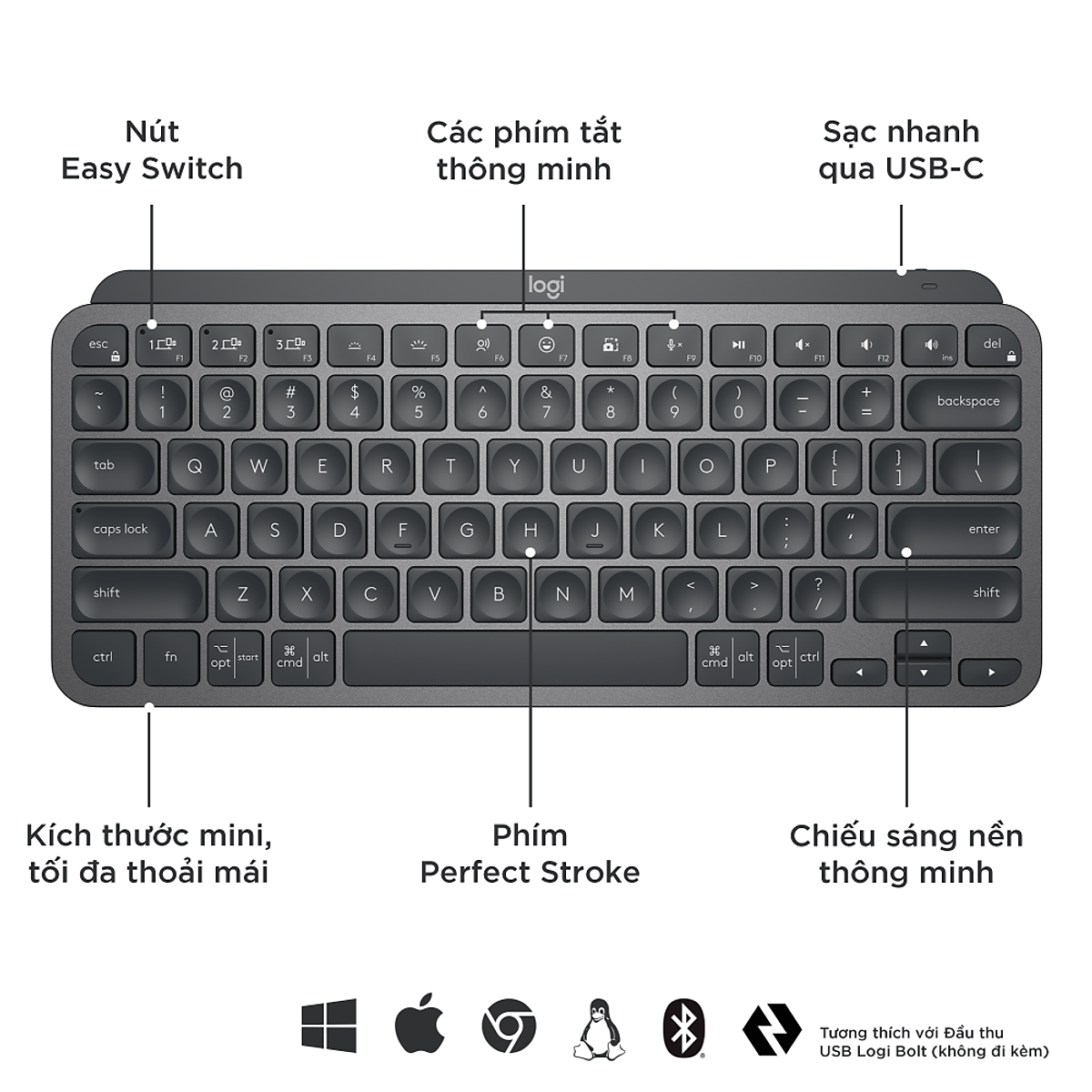 Bàn phím không dây Bluetooth Logitech MX Keys Mini - Nhỏ gọn, Sạc USB-C, Phím tắt thông minh, Có bản cho Mac - Hàng chính hãng