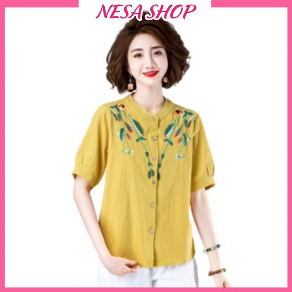 Áo sơ mi nữ trung niên thêu hoa cao cấp tặng mẹ, chất liệu mềm mát form rộng bigsize, áo kiểu NeSa Shop, SMH.60