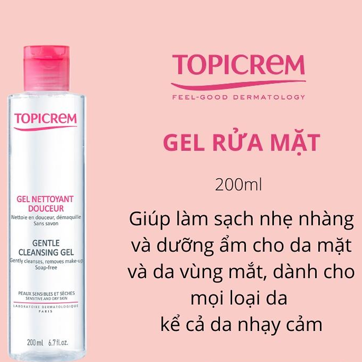 Gel rửa mặt không chứa xà phòng dành cho da khô và nhạy cảm -TOPICREM Gentle Cleansing Gel 200ml | Topicrem Official Store | Tiki