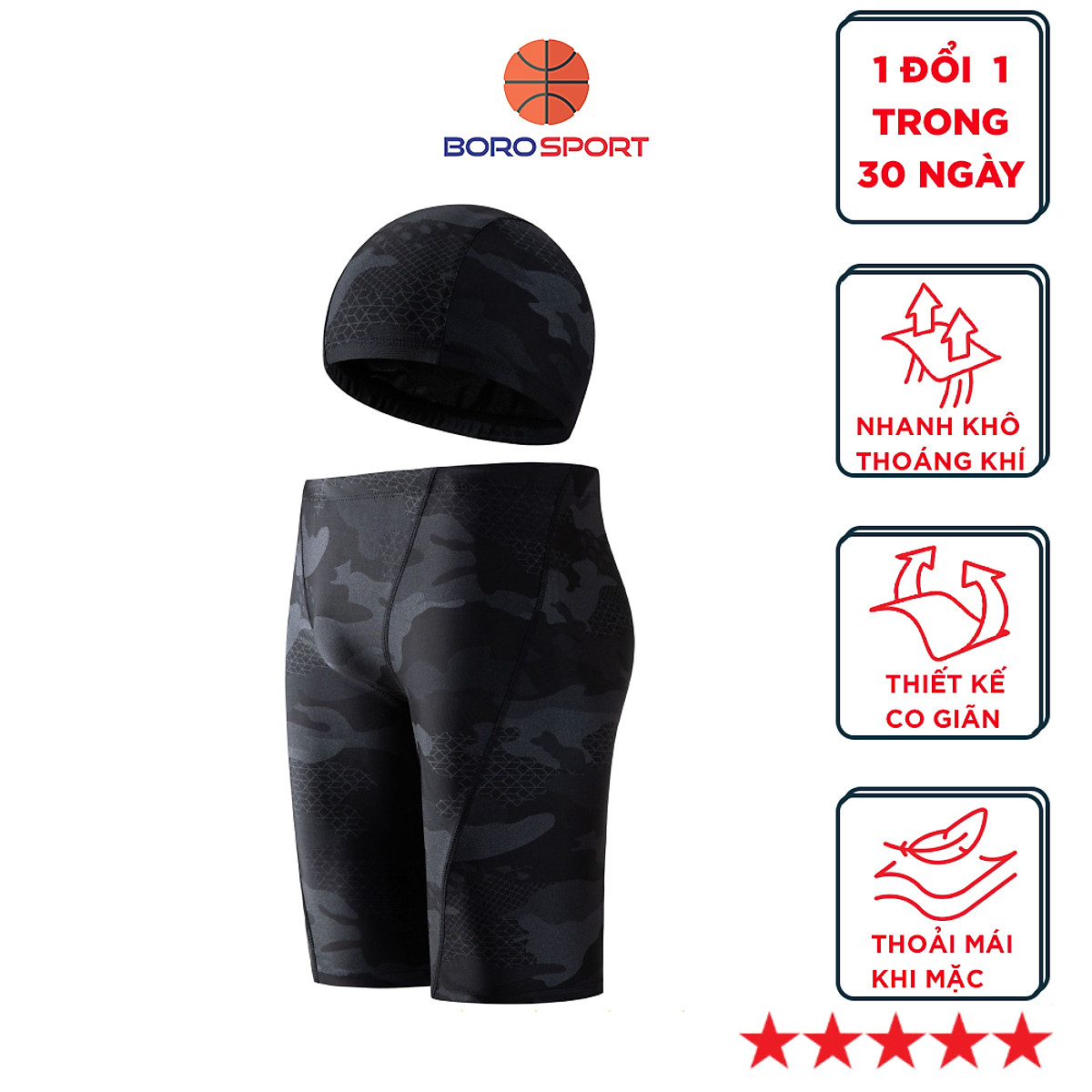 Quần bơi lửng boxer dài cho nam Cleacco màu đen Camo , chất vải Poly co giãn 4 chiều , thoáng khí , thoát nước nhanh BORO SPORT - Tặng nón bơi vải