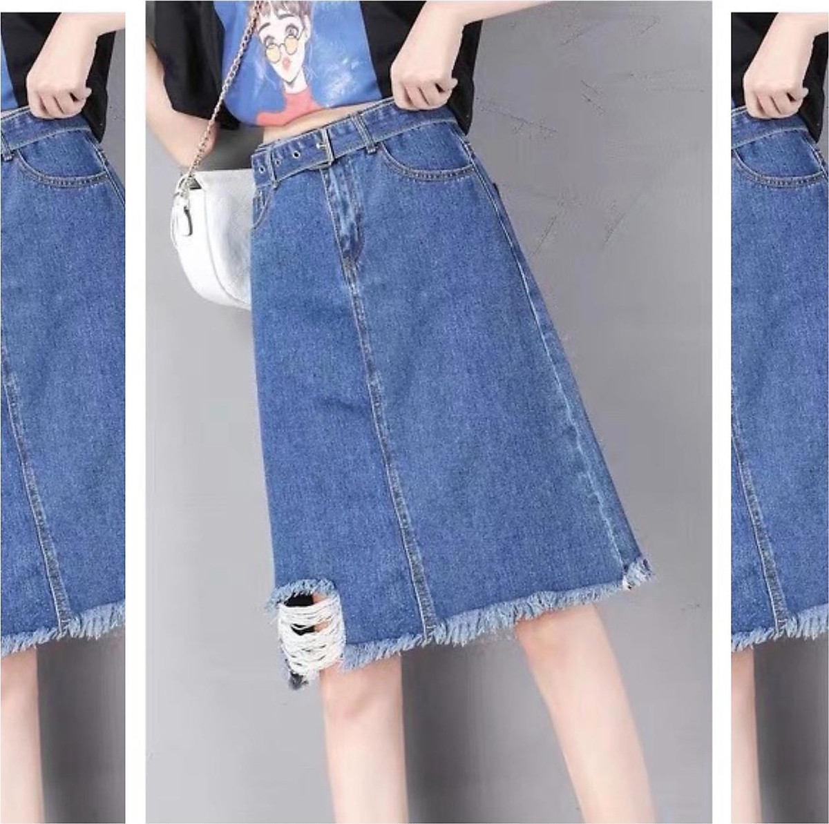 Chân váy jean dài qua gối màu xanh đá co dãn mạnh 3170  Lazadavn