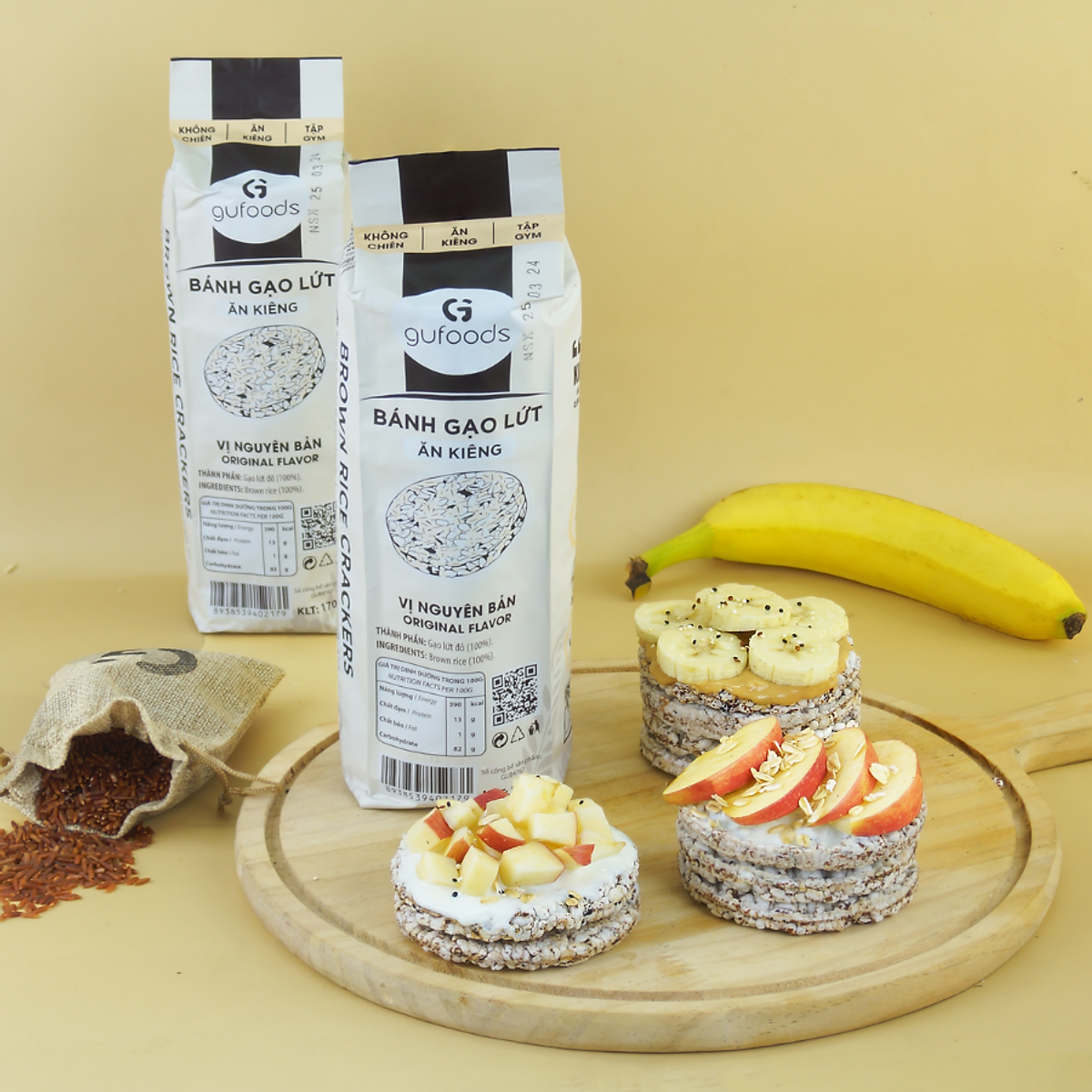 Bánh gạo lứt nguyên hạt ăn kiêng GUfoods (Gói 170g=18 bánh) - Không chiên dầu, Phù hợp Eat clean, Ăn vặt healthy, Thực dưỡng, Tập Gym, Giảm cân