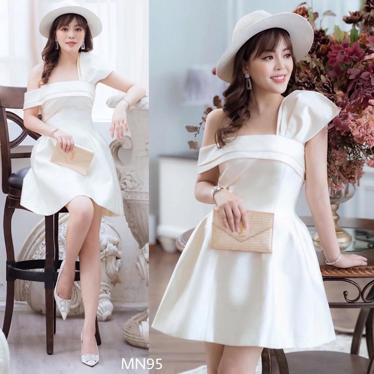 Đầm dự tiệc đầm sang trọng dáng xoè Taffta nơ ngực chéo vai đi chơi dạo phố công sở MN95 - Đầm Váy Mina