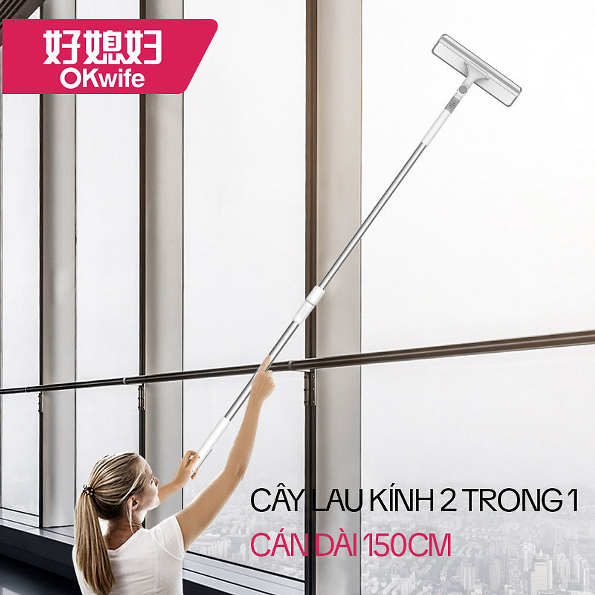 Cây Lau Kính Thông Minh OKwife AGW-6200 - Chổi Gạt Kính Lau Kính Đa Năng 2 Trong 1, Dụng Cụ Lau Kính Cán Dài