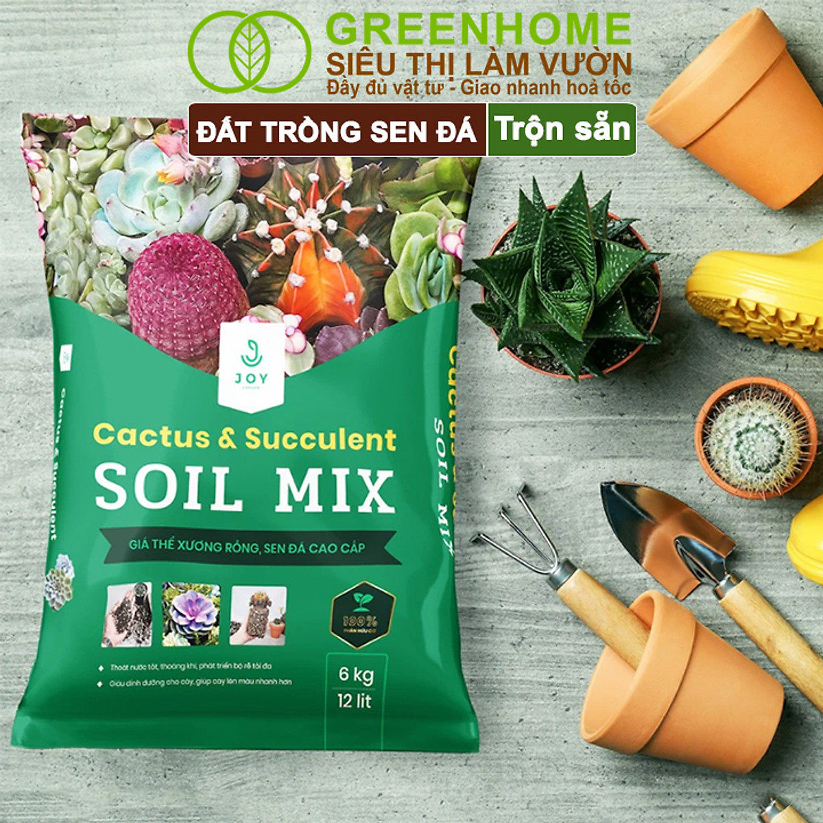 Đất Trồng Sen Đá Greenhome, Soil Mix, Bao 6kg, Trộn Sẵn, 85% Đá Khoáng, Phát Rễ Nhanh, Lên Màu Nhanh, Thoát Nước Tốt