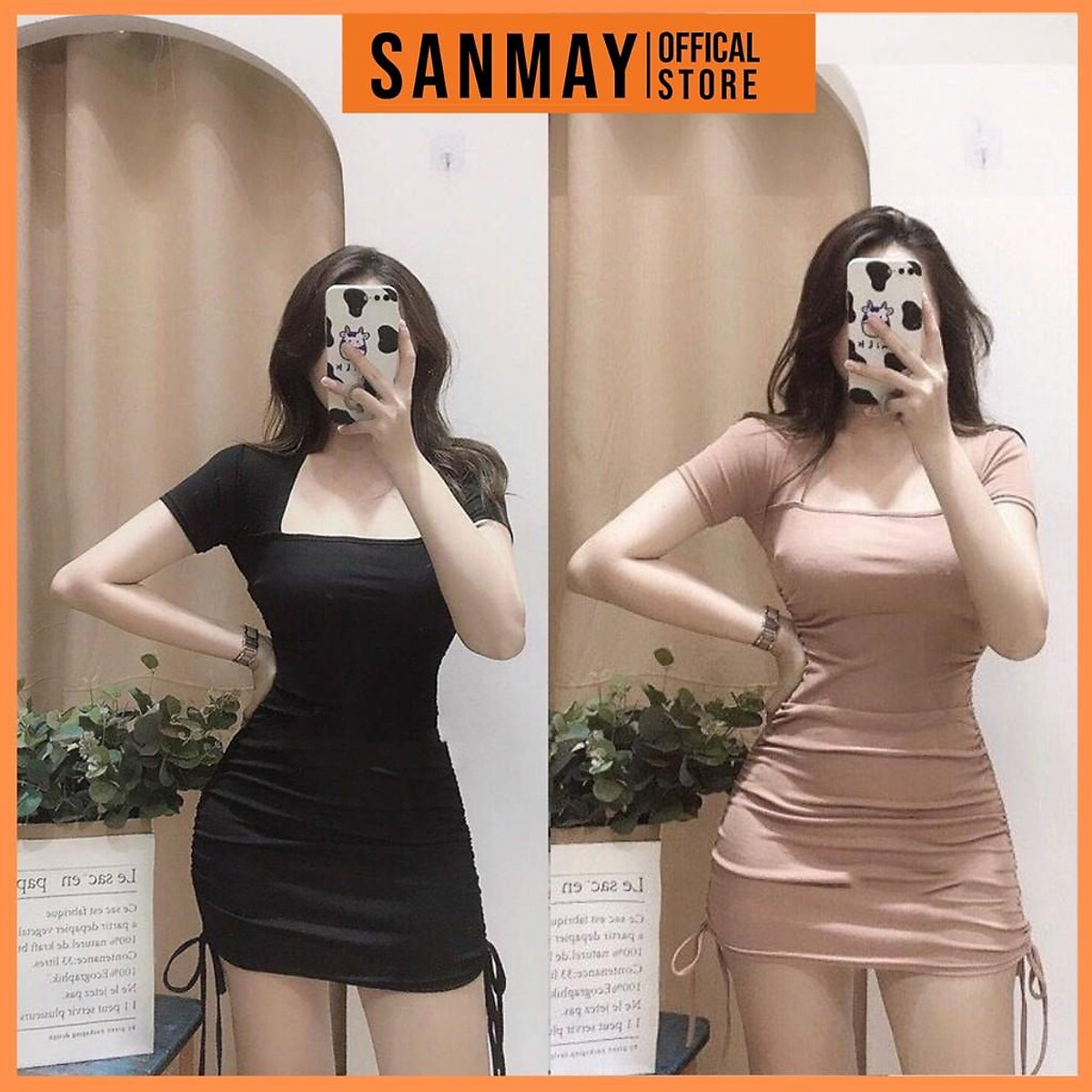 Mua Váy Body Nhún SANMAY Đầm Ôm Sexy Nữ Cổ Vuông Rút Dây 2 Bên ...