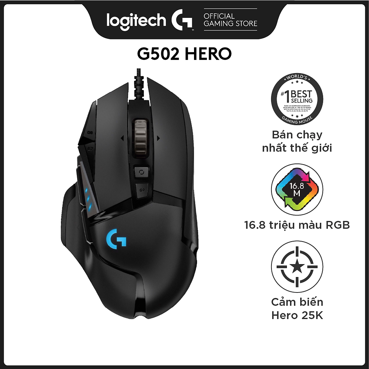 Chuột game hiệu suất cao Logitech G502 Hero - Cảm biến Hero 25k, RGB Lightsync, 11 nút lập trình, điều chỉnh trọng lượng, PC -Hàng Chính Hãng