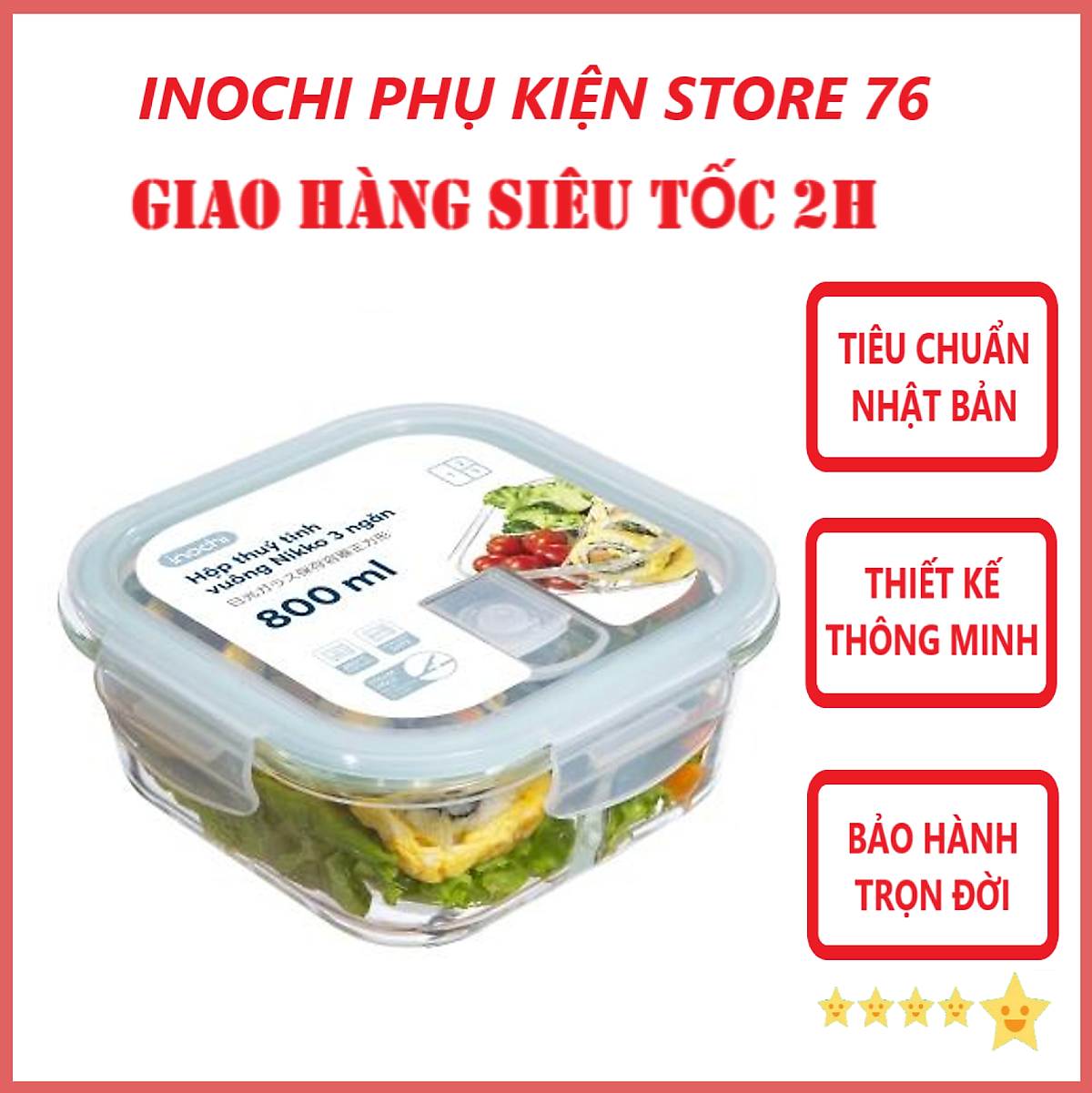 Hộp Cơm Thủy Tinh 2/3 ngăn, Hộp Thủy Tinh Đựng Thức Ăn NIKKO Tiêu Chuẩn Nhật Bản - Chính hãng inochi (Tặng kèm khăn lau tay đa năng pakasa)