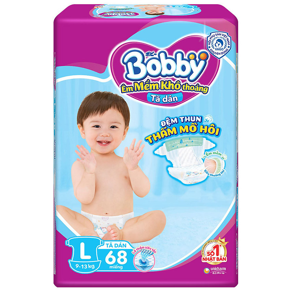 Tã Dán Bobby Siêu Mỏng Thấm Gói Siêu Lớn L68 (68 Miếng)