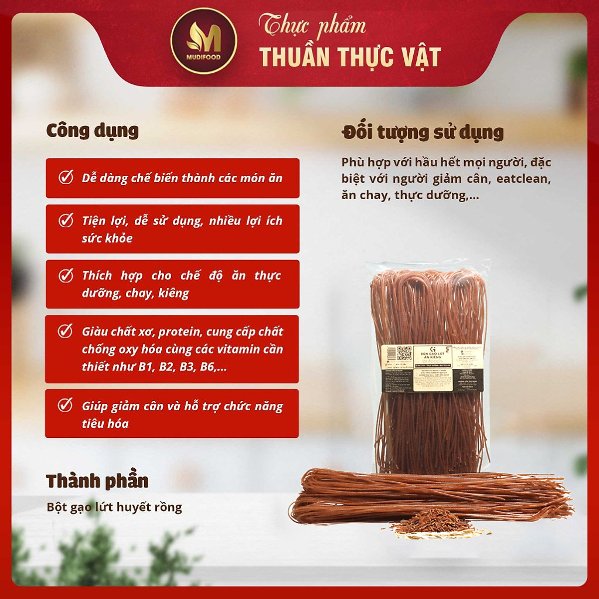 Bún Gạo Lứt Ăn Kiêng GUfoods Huyết Rồng 500g - Giảm cân, Thực dưỡng, Eat clean