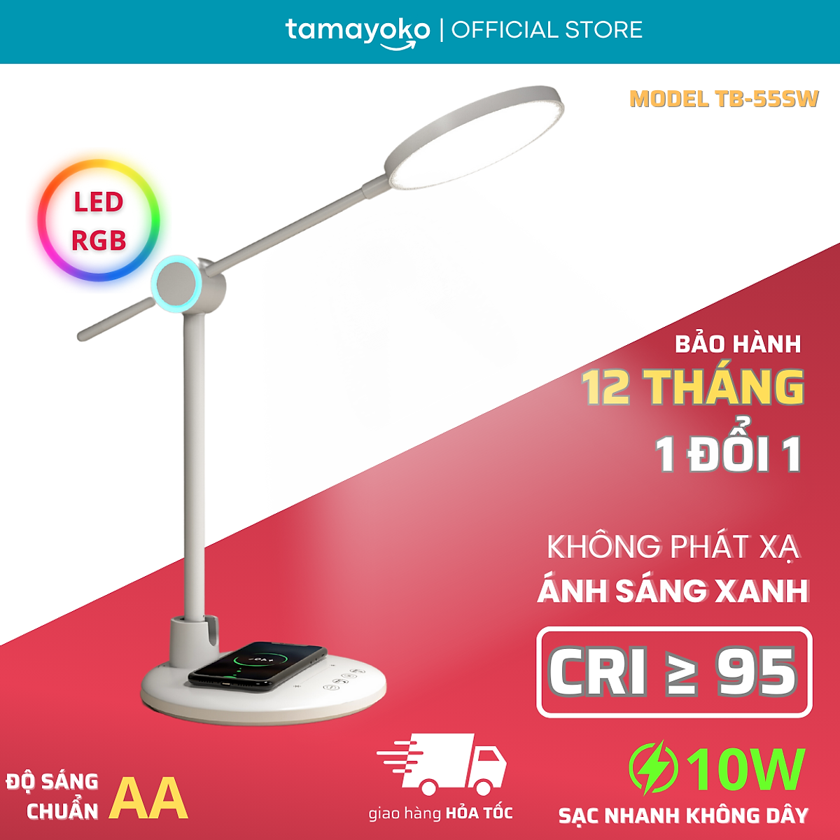 Đèn Bàn Học LED RG0 Tamayoko 3 Chế Độ Ánh Sáng Bảo Vệ Mắt Chống Cận Thị Không Phát Xạ Ánh Sáng Xanh Model TB-55S/SW