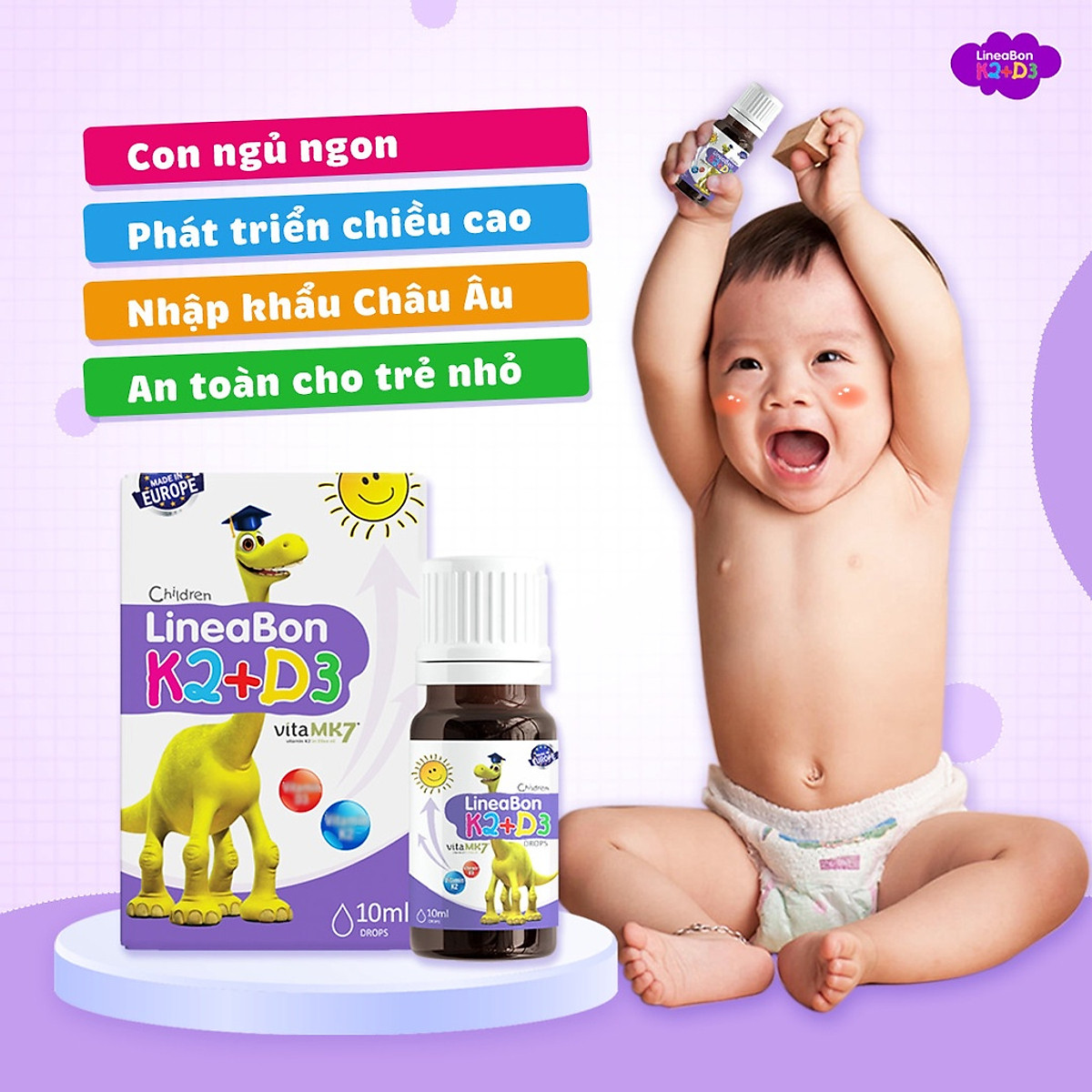 Combo 2 hộp LINEABON K2D3 - Hỗ trợ tăng chiều cao, hết còi xương cho trẻ sơ sinh - Sản phẩm từ Châu Âu - Công nghệ mới giúp hấp thu tối đa canxi tự nhiên