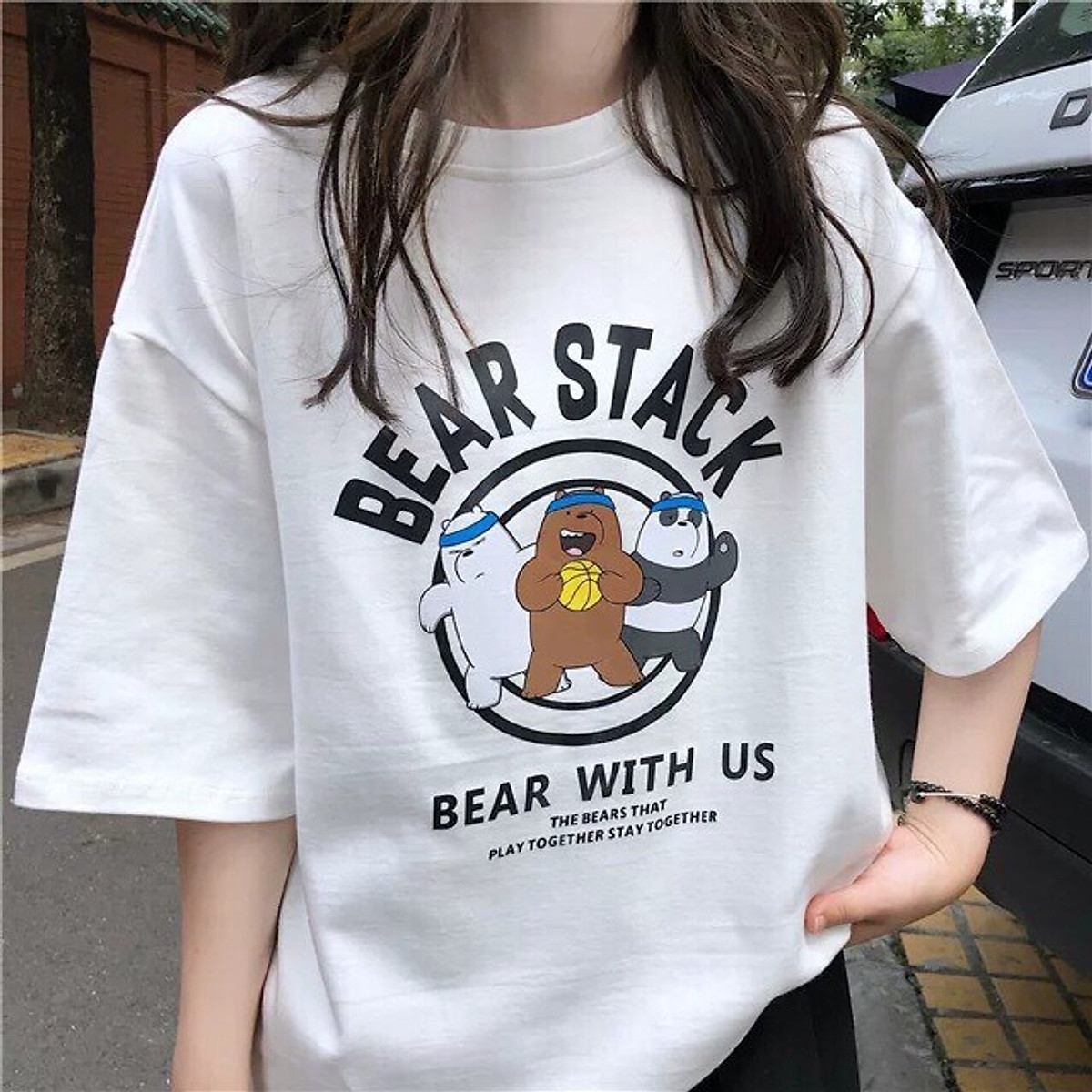 Áo Thun tay lỡ freesize đẹp! Hình BEAR STACK cho cả Nam và Nữ từ 42kg đến65kg