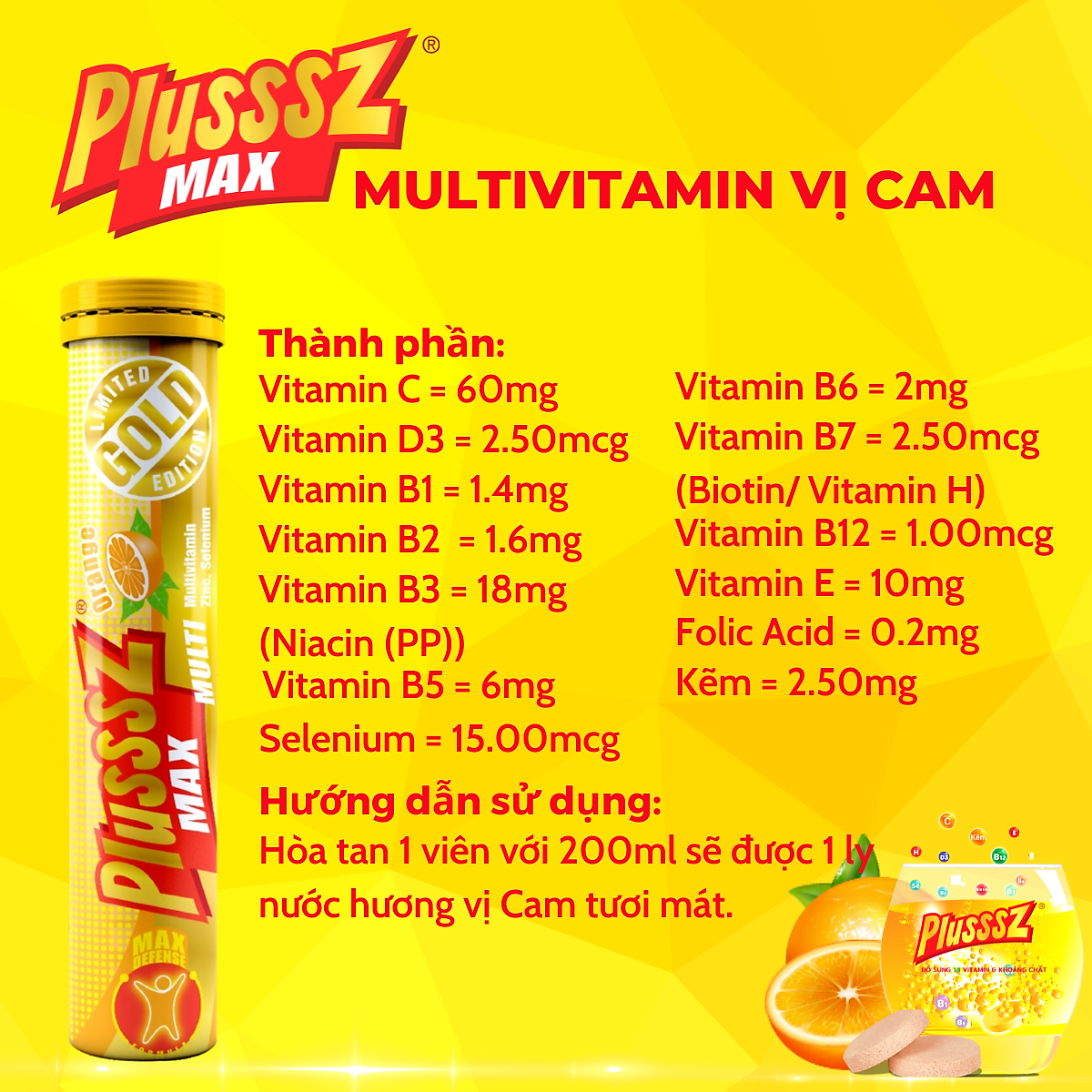 Viên bổ sủi bọt Plusssz Max Multivitamin không đường hương vị cam
