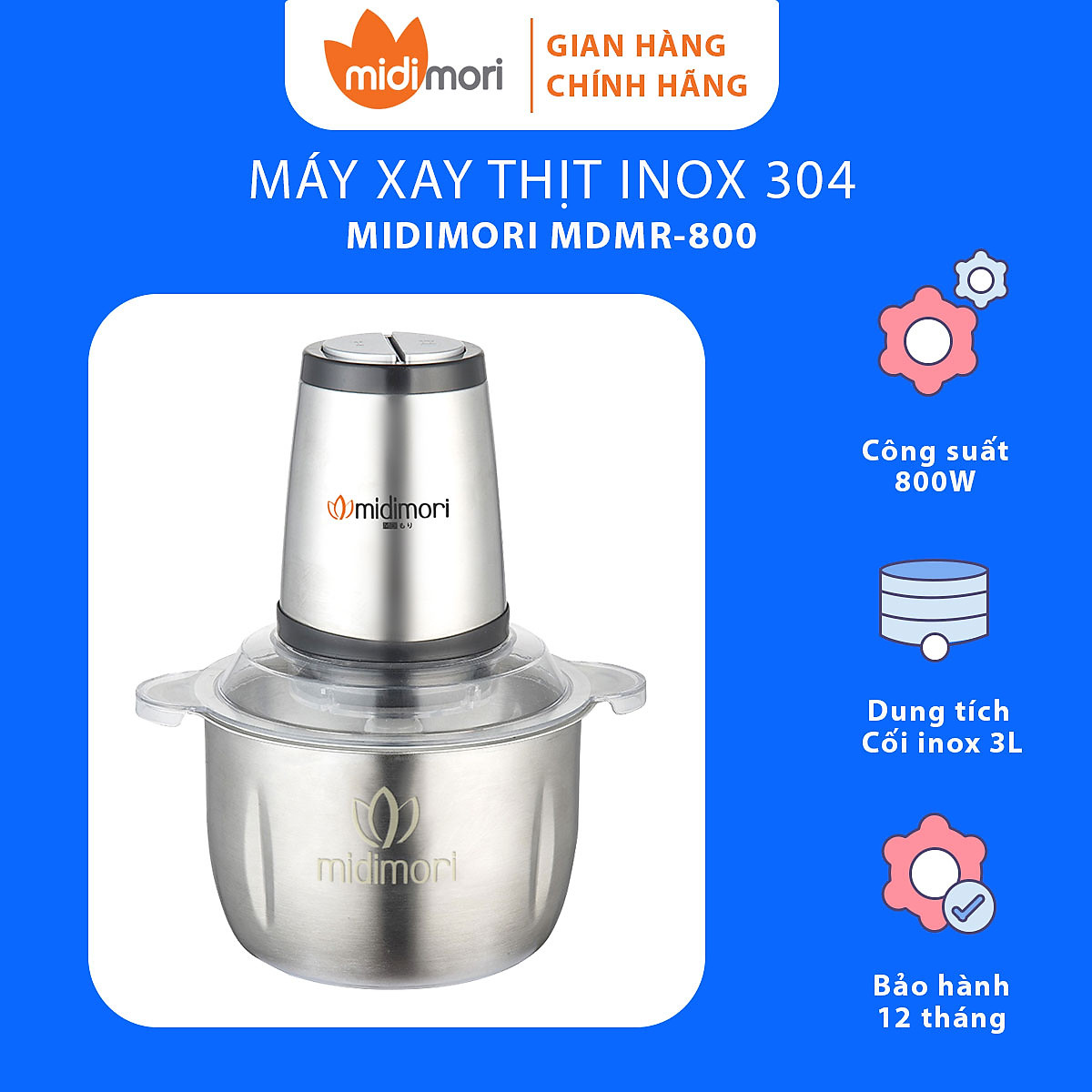 Máy Xay Thịt Cối Inox 3 Lít Midimori (800W) - Hàng Chính Hãng
