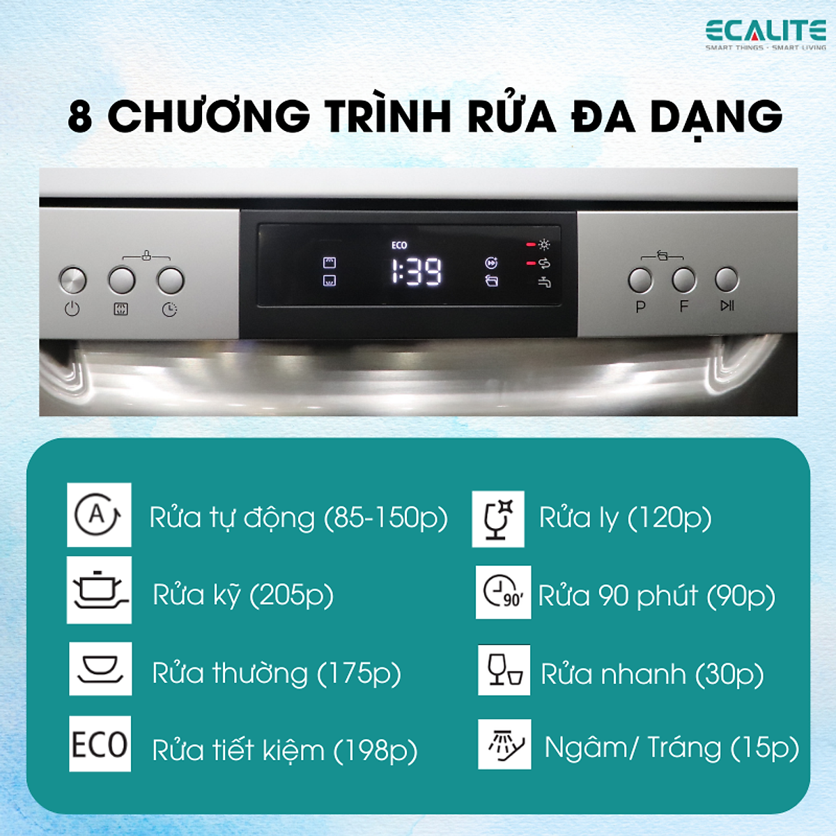 Máy Rửa Chén Độc Lập Ecalite EDW-SMS6015AS - 14 Bộ - 8 Chương Trình Rửa - Tự Động Hé Cửa - Hàng Chính Hãng