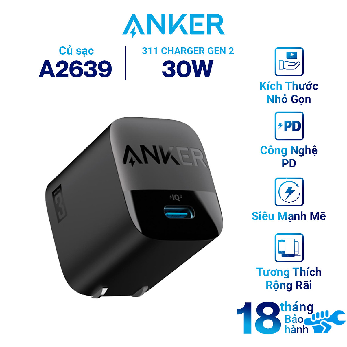 Adapter Sạc Anker 313 / 311 Charger Gen 2 30W 1 Cổng Type-C A2639 - Hàng Chính Hãng