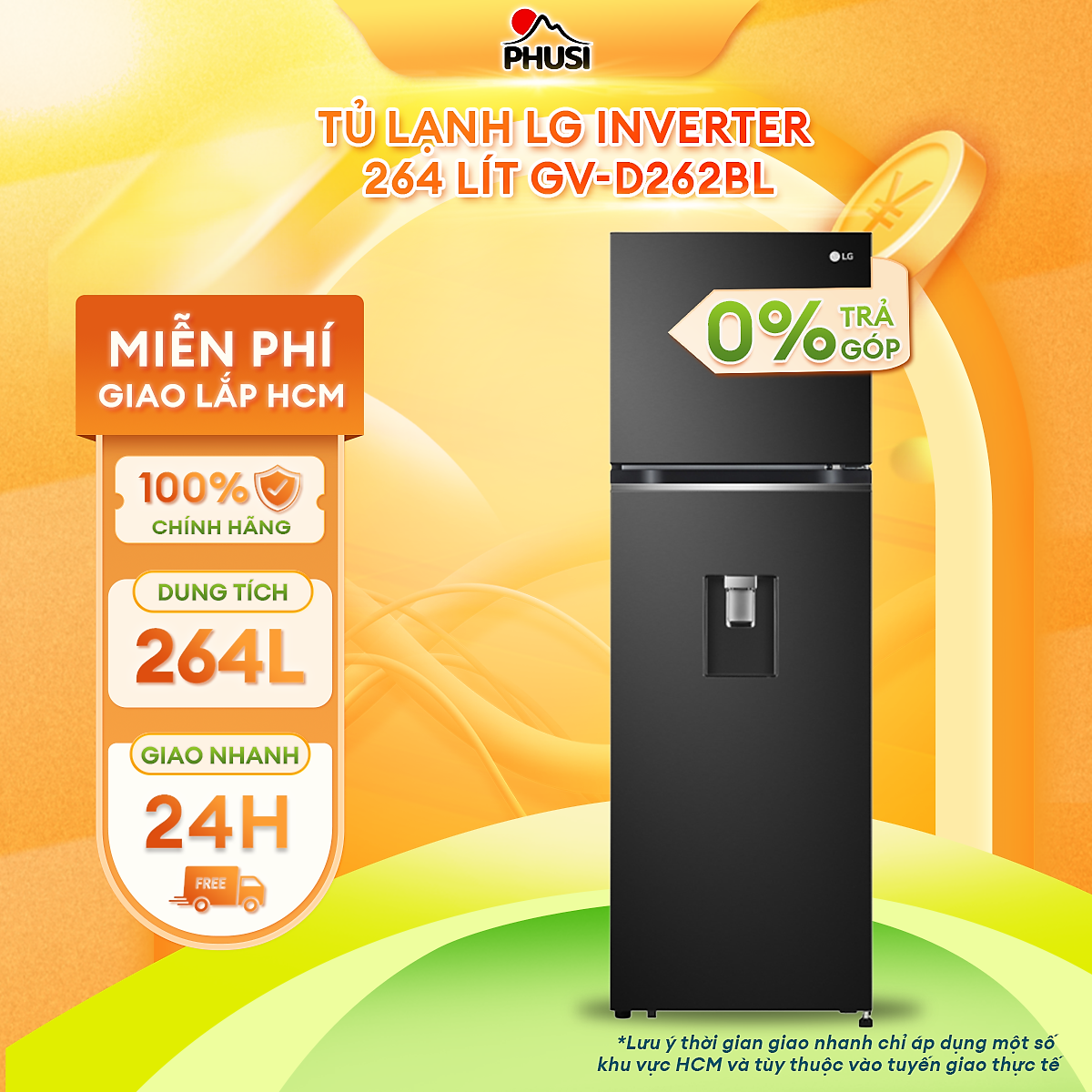 Tủ lạnh ngăn đá trên, lấy nước ngoài LG Smart Inverter GV-D262BL 264L (Đen) - HÀNG CHÍNH HÃNG (CHỈ GIAO HCM)