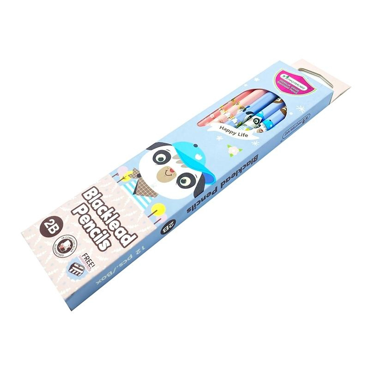 Hộp 12 Bút Chì Gỗ 2B Blacklead Pencil + Chuốt Chì - Masterart Happy Life (Mẫu Màu Giao Ngẫu Nhiên)