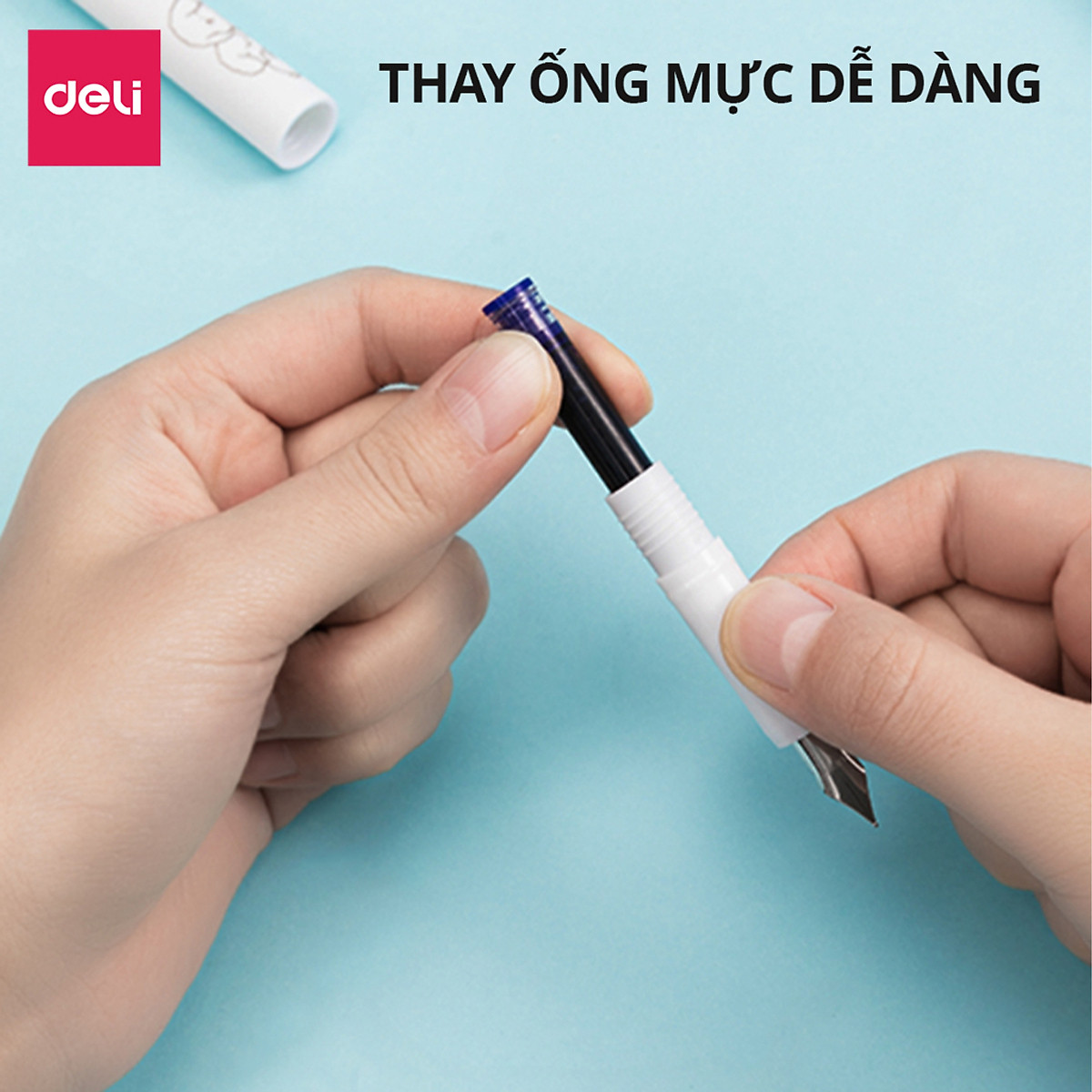 Bộ bút máy học sinh kèm ống mực xanh cao cấp tẩy được Deli, bút luyện viết chữ đẹp, họa tiết dễ thương có bút tẩy mực