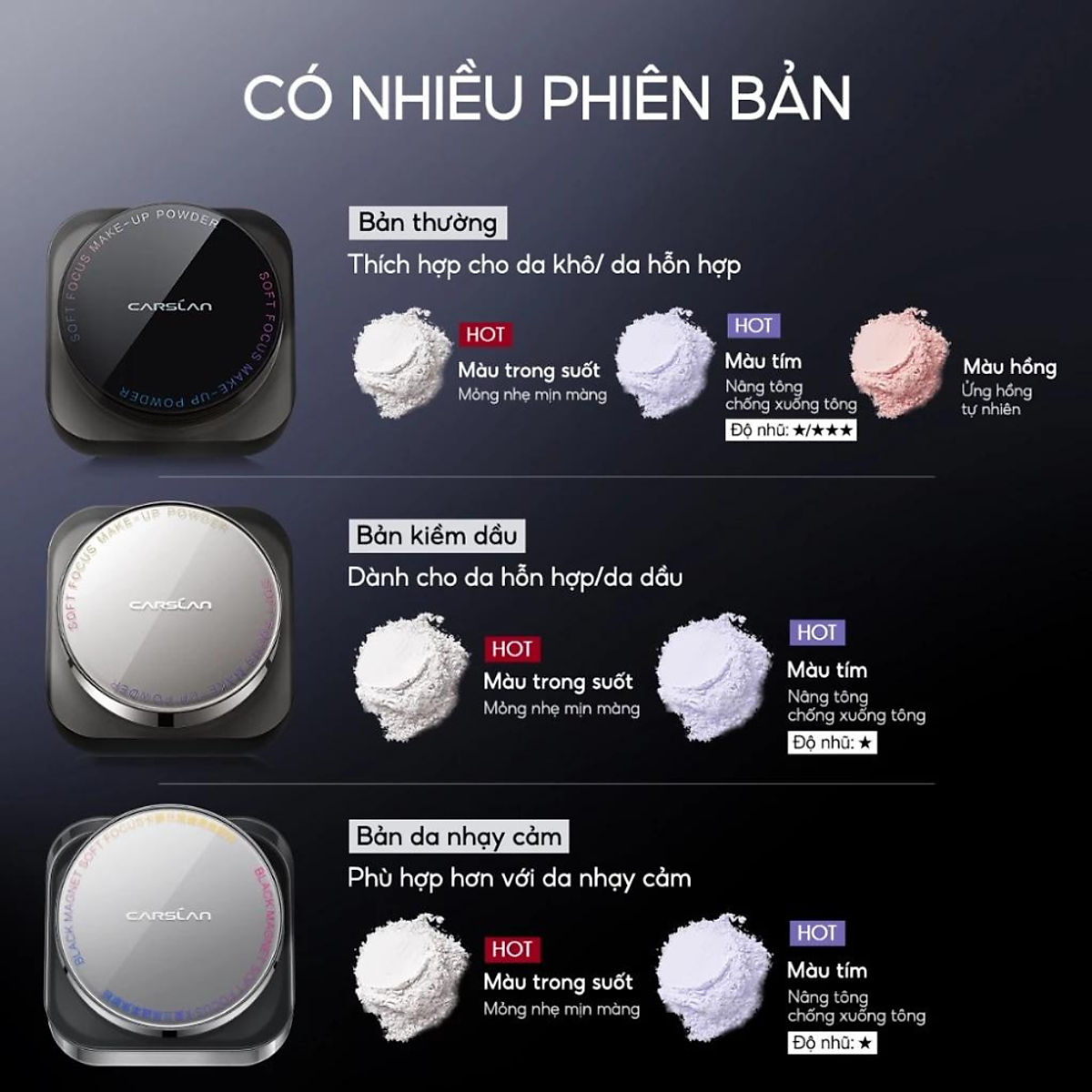 Phấn phủ CARSLAN dạng bột từ tính kiềm dầu màu đen chống nước chống mồ hôi che phủ bóng dầu cho mặt 8g