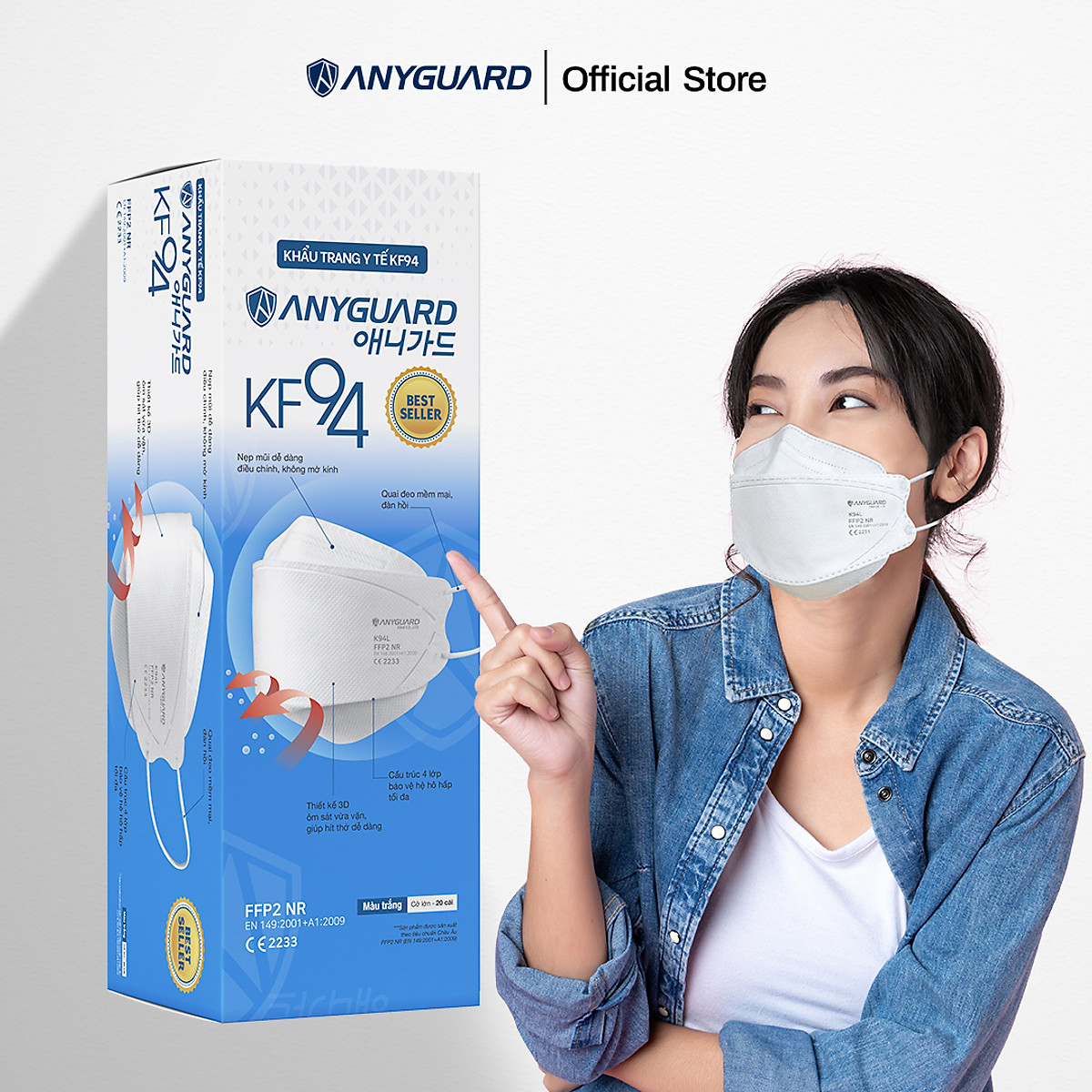 Khẩu Trang Y Tế Hàn Quốc KF94 Chính Hãng ANYGUARD Tiêu Chuẩn kháng bụi Châu Âu FFP2 Lọc 94% Bụi Mịn tới PM2.5, 4 Lớp Ngăn 99% Vi Khuẩn, An Toàn Cho Da Nhạy Cảm (Hộp 20 Chiếc)