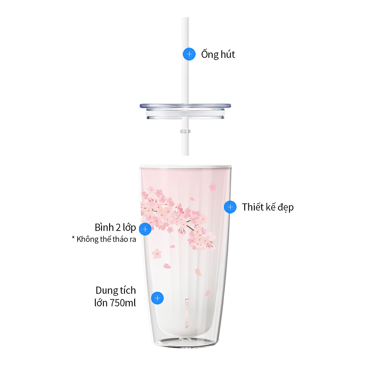 Ly nhựa 2 lớp Cherry Blossom Double wall Cold Cup LocknLock HAP522 - Kèm ống hút - Dung tích 750ml