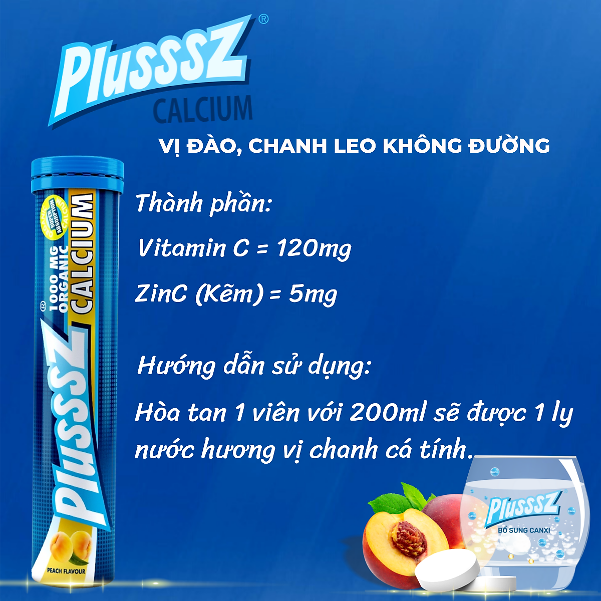 Viên bổ sủi bọt Plusssz Calcium Vị Đào không đường