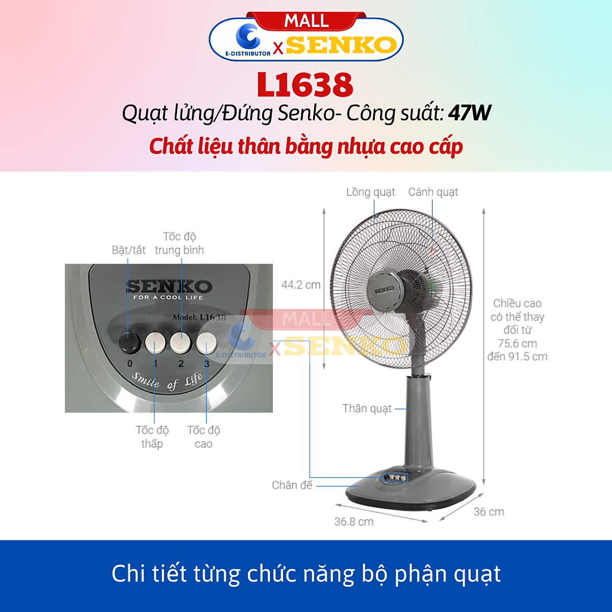 Quạt Đứng Cao Cấp 47W Senko DH1600 (Có chế độ hẹn giờ) - Quạt L1638 (Thân nhựa) - Quạt LS1630 (Thân Sắt) - Hàng chính hãng - Bảo Hành 24 Tháng
