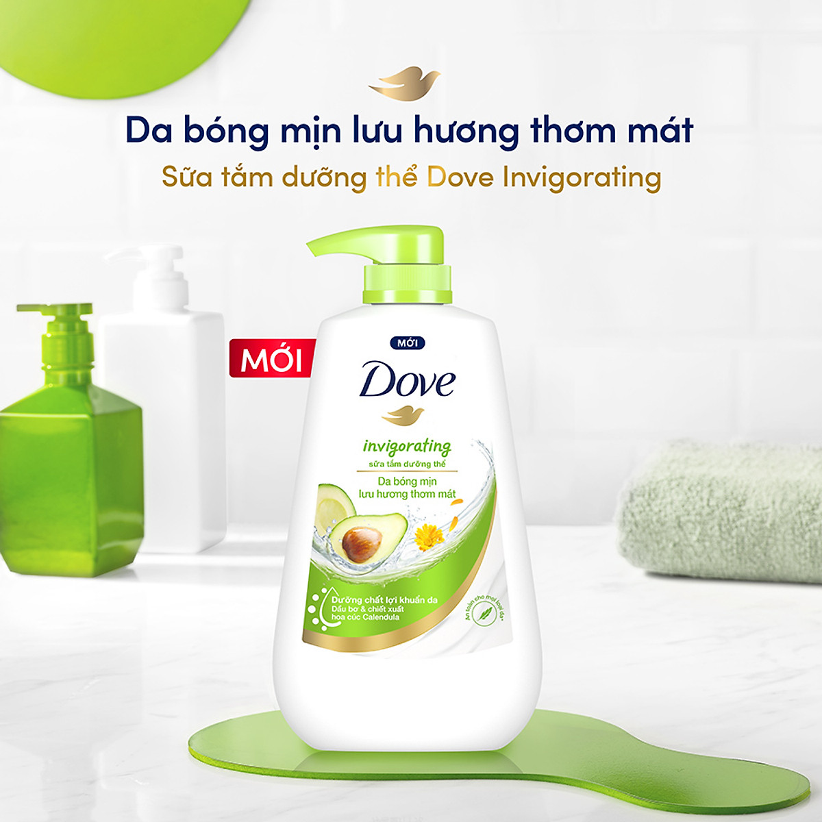 Sữa tắm dưỡng thể Dove Invigorating Da bóng mịn thơm mát với dầu bơ và hoa cúc Calendular 900g