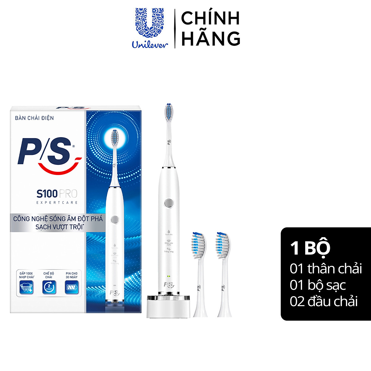 Bàn Chải Điện P/S S100 PRO - Công Nghệ Sóng Âm, Chải Sạch Mảng Bám Tới 10X - Trắng Sáng