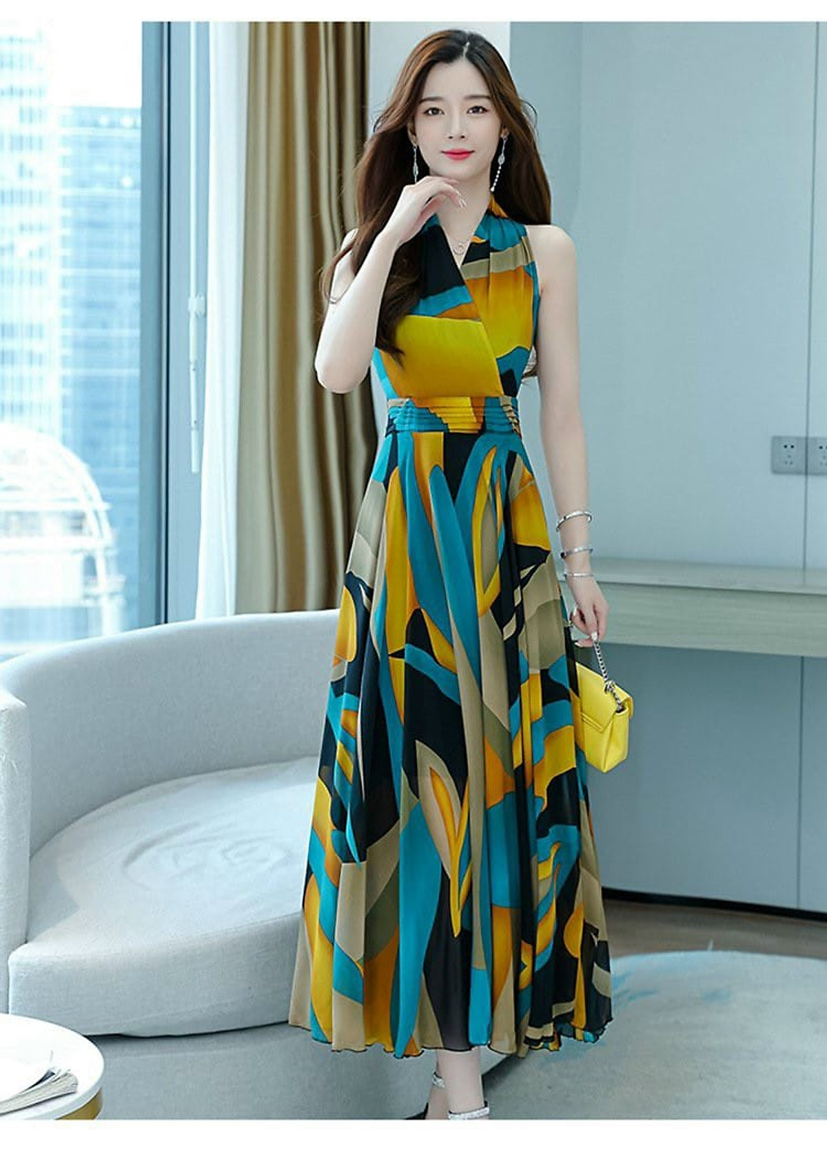 ĐẦM MAXI VOAN HỌA TIẾT CỔ ĐẮP CHÉP