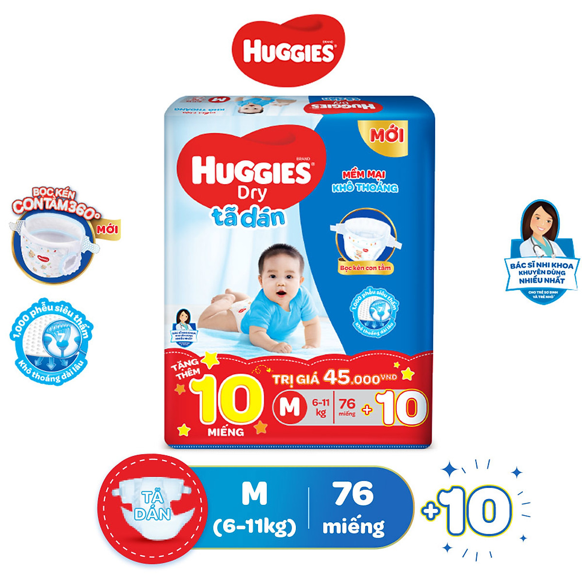 Combo 3 Gói Tã Dán Huggies Dry Gói Cực Đại M76 (76 Miếng) + Tặng 10 miếng