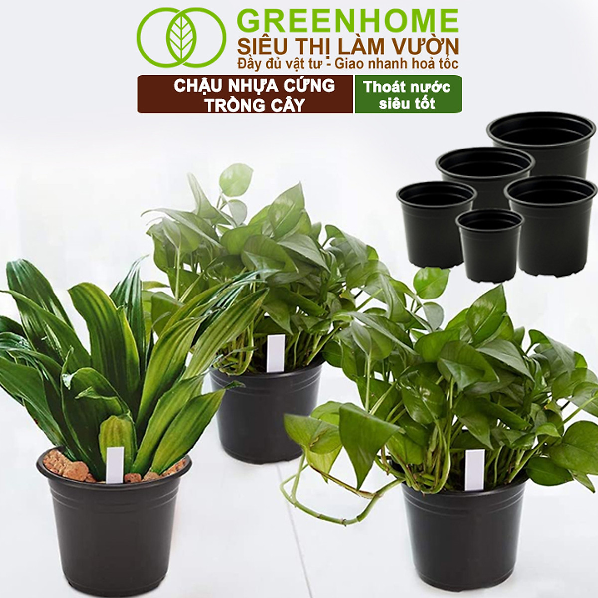 Bộ 3 Chậu nhựa trồng cây, nhiều kích thước, thoát nước tốt, đa dạng kích thước trồng cây, hoa, kiểng lá |Greenhome