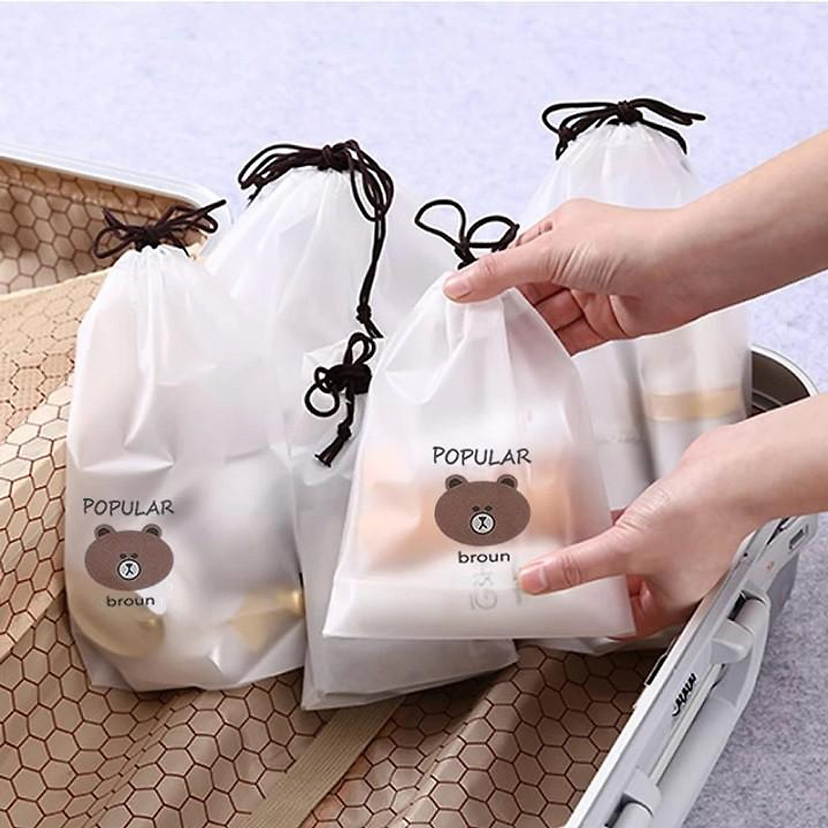 Túi dây rút chống thấm đựng quần áo giày dép đồ lót in hình gấu