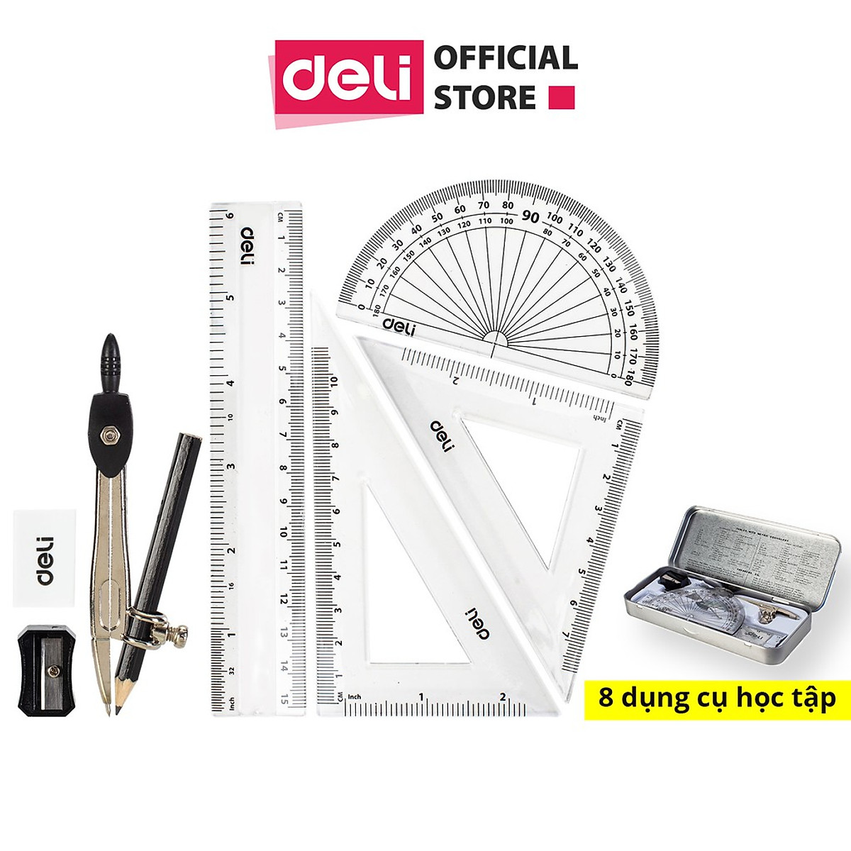 Bộ Compa Deli, Bạc Gồm 8 Dụng Cụ/Bộ - EG30505