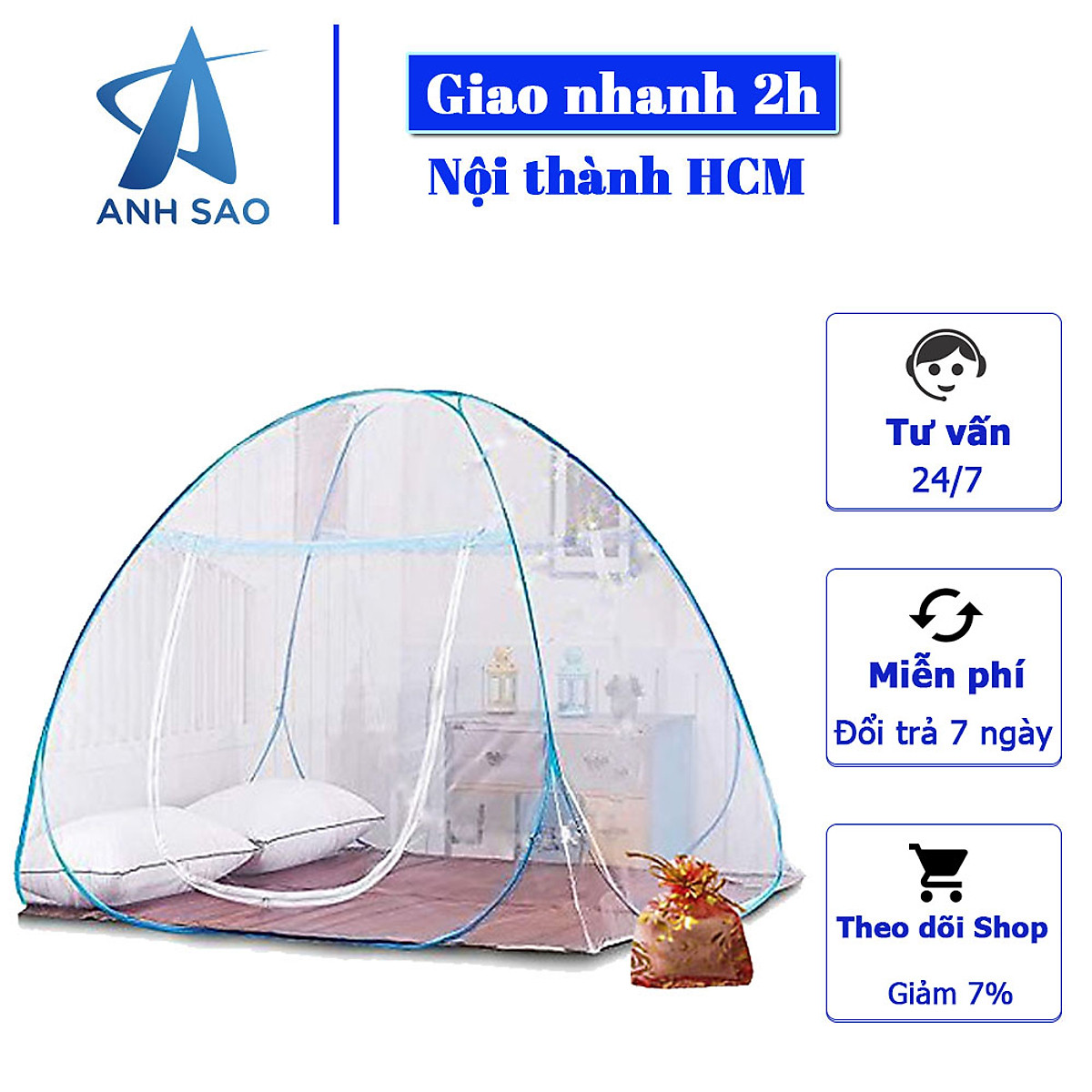 Mùng Chụp Tự Bung Cao Cấp Siêu Dày - thương hiệu A - Màu Xanh Da Trời + Tặng kèm túi thơm thảo dược