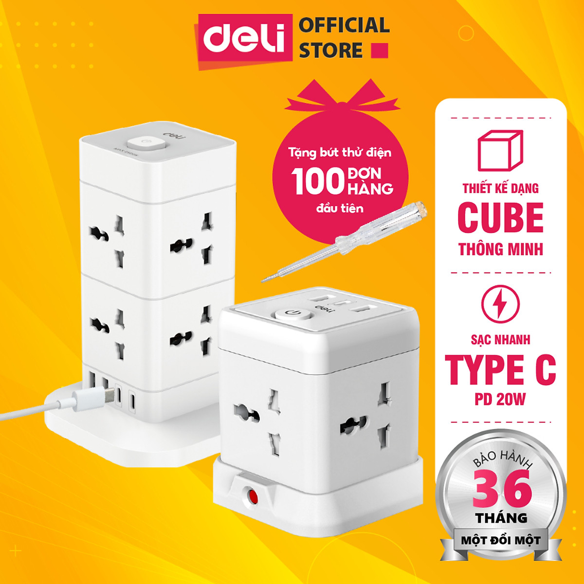 Ổ cắm điện đa năng Deli Công Suất 2500W - Tích Hợp Ổ USB & Type C Thiết Kế Cầu Chì Tự Ngắt Khi Quá Tải, Nắp Chống Giật