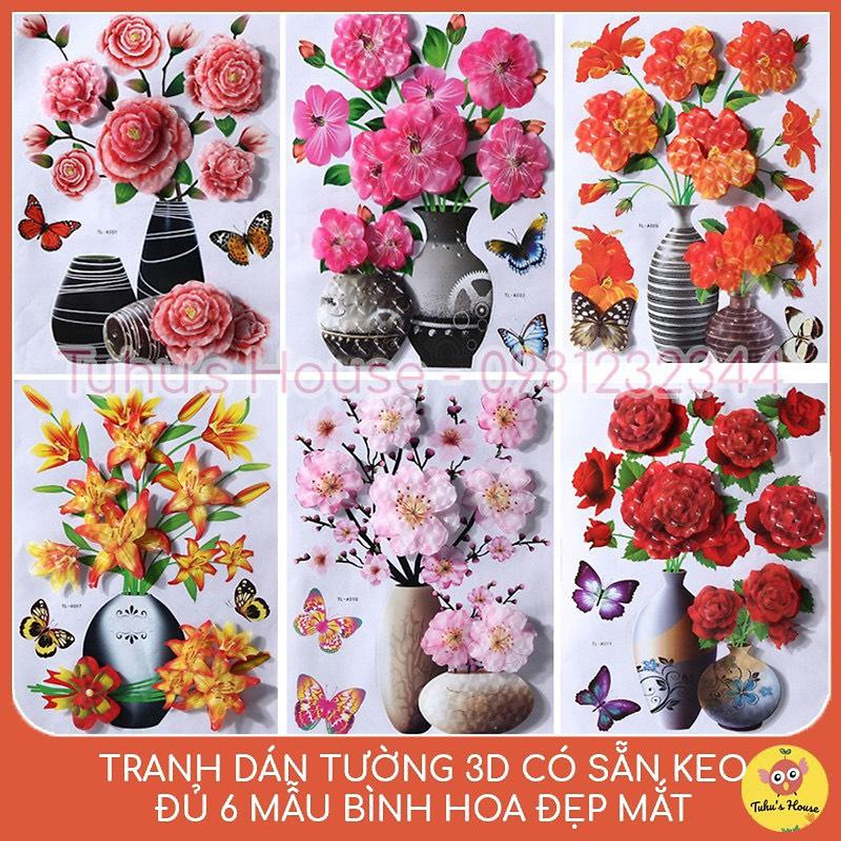 Tranh Dán Tường 3D Hình Bình Hoa Sinh Động, Có Sẵn Keo Dán