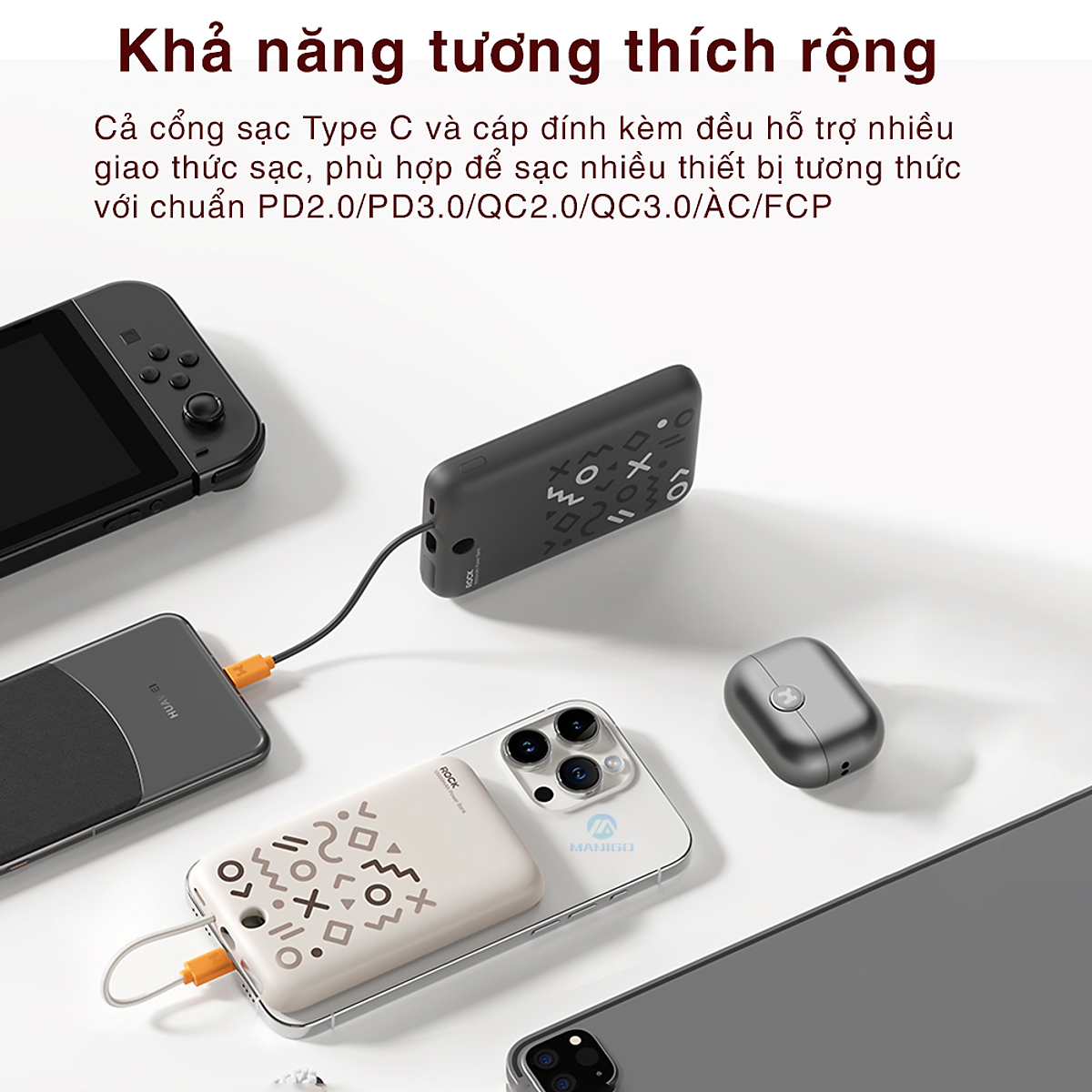 Pin sạc dự phòng sạc nhanh PD 20W ROCKSPACE P28 10.000 mAh Magnetic PD tích hợp cáp sạc nhanh - Hàng chính hãng bảo hành 12 tháng