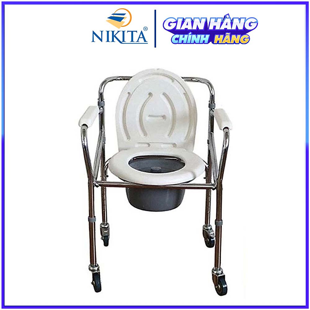 Ghế bô vệ sinh Nikita Inox cao cấp, có bánh xe di chuyển tiện lợi, cho người già, người bệnh và trẻ em mẫu 2021