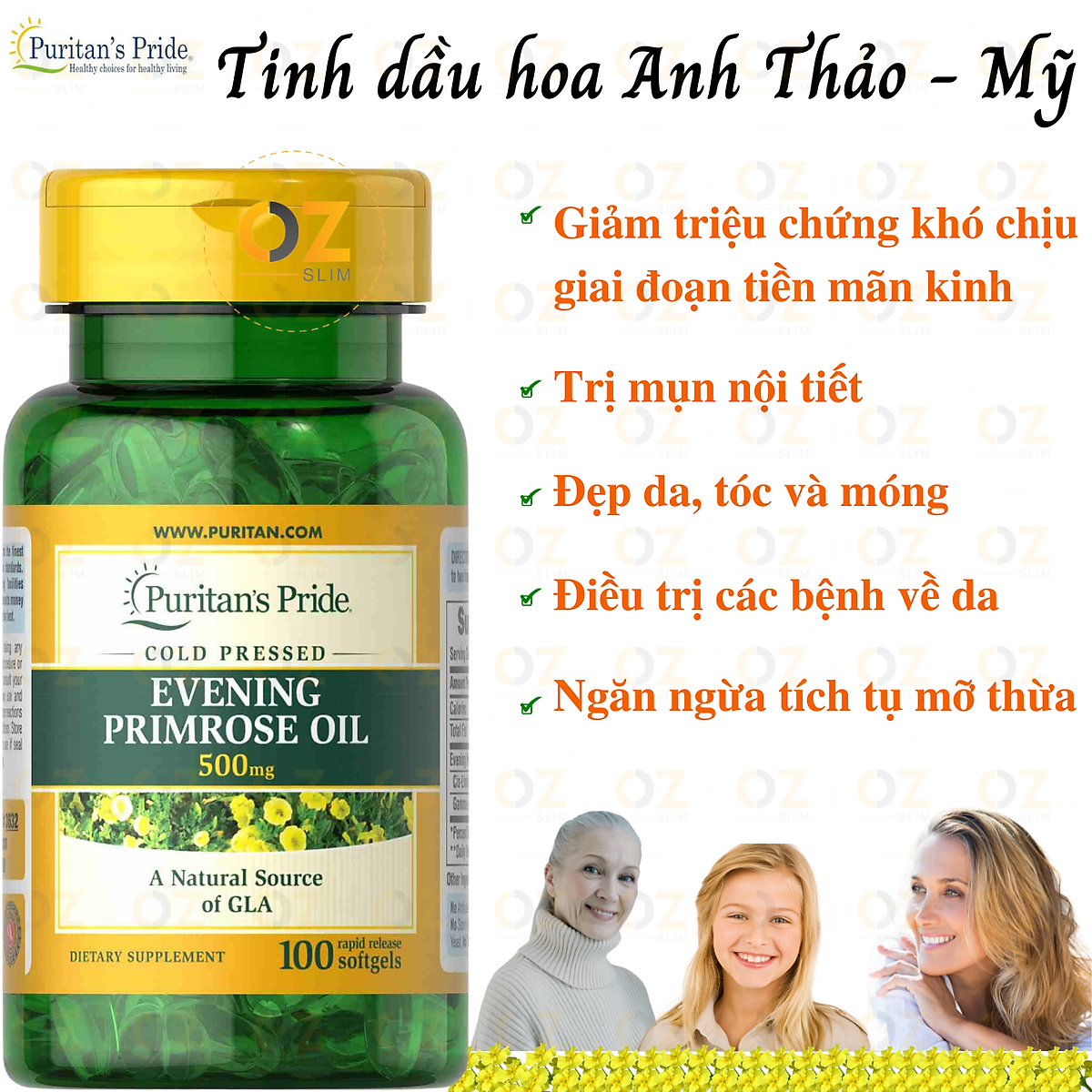 Tinh dầu hoa anh thảo Evening Puritan's Pride giúp cân bằng nội tiết tố nữ, đẹp da, giảm đau kỳ kinh, mãn kinh và tăng sức khỏe - OZ Slim Store