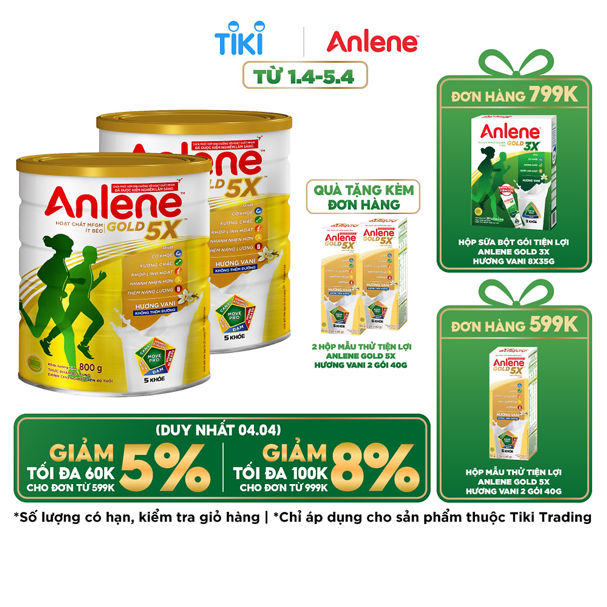 Combo 02 Sữa Bột Anlene Gold 5X Hương Vanilla (Hộp Thiếc 800g) - Tặng 2 hộp mẫu thử Anlene gold 5X hương Vani (40g*2gói/hộp)