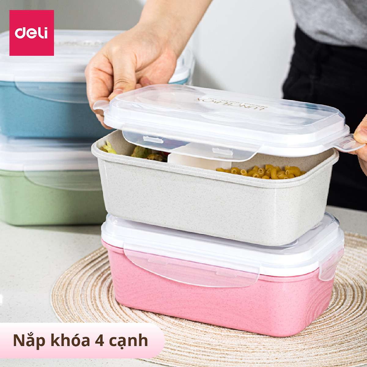 Hộp Cơm Trưa Văn Phòng Lúa Mạch Deli - 2 Ngăn Linh Hoạt Có Thể Sử Dụng Trong Lò Vi Sóng Chống Tràn An Toàn, Hộp Đựng Cơm Tặng Kèm Thìa Dĩa