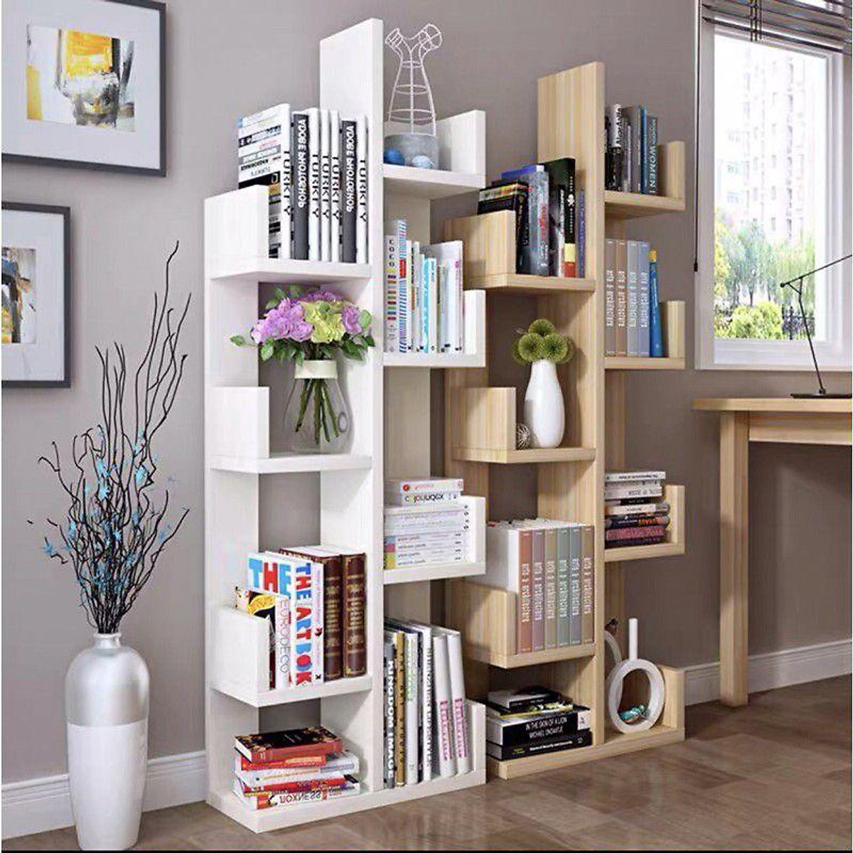 Kệ sách gỗ xương rồng, kệ sách hình cây gỗ MDF cao cấp, chống mối mọt,