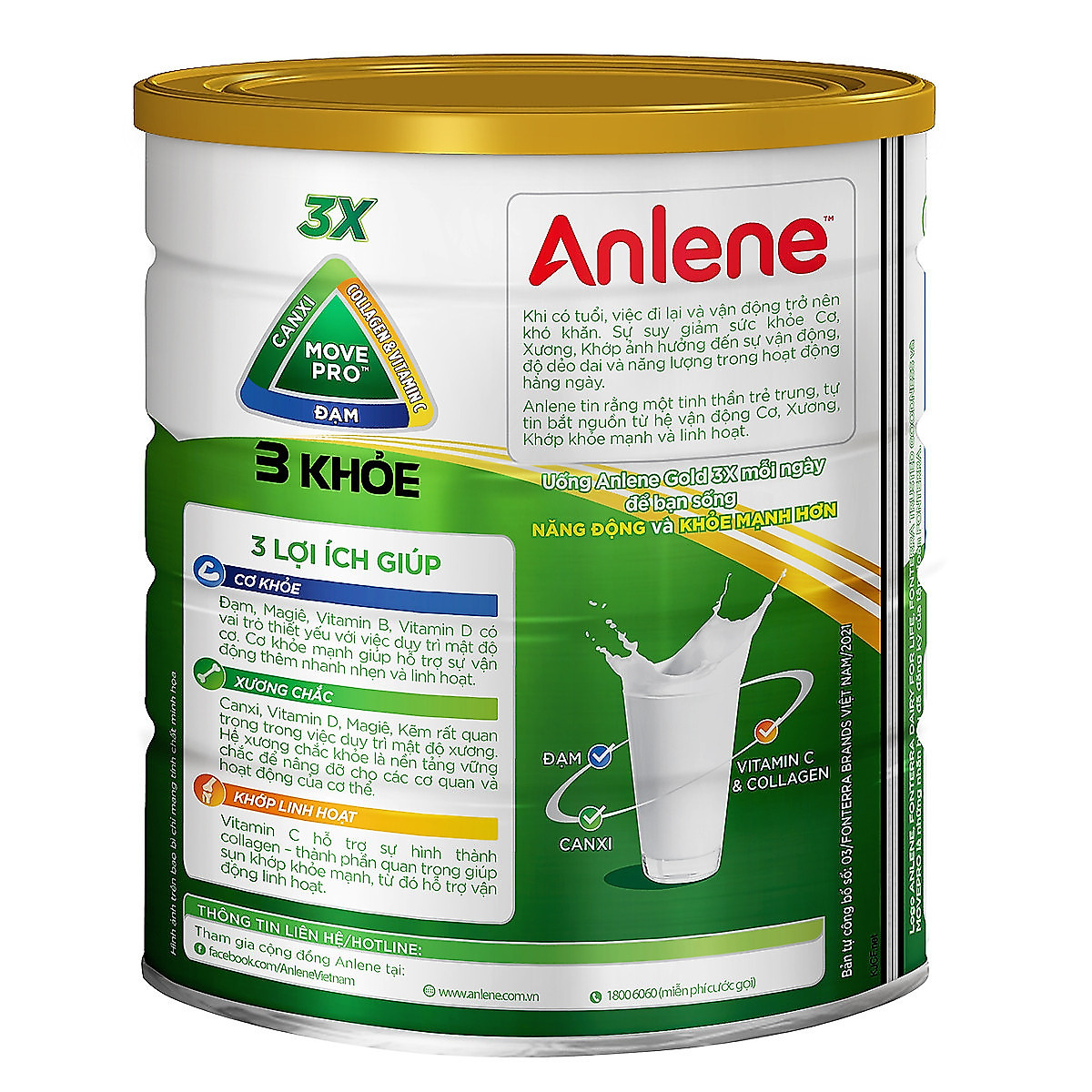 Combo 03 Sữa Bột Anlene Gold 3X Hương Vanilla (Hộp thiếc 800g) - Tặng nồi inox cao cấp