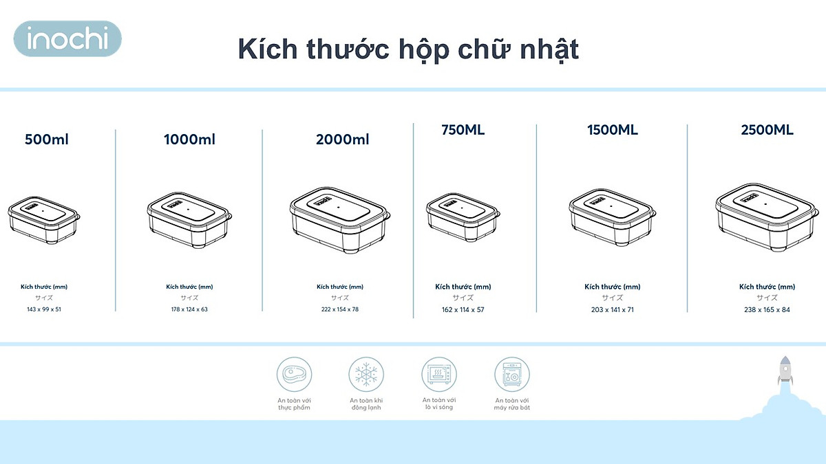 Bộ 6 hộp đựng thực phẩm chữ nhật Inochi Hokkaido (500-750-1000-1500-2000-2500ml)