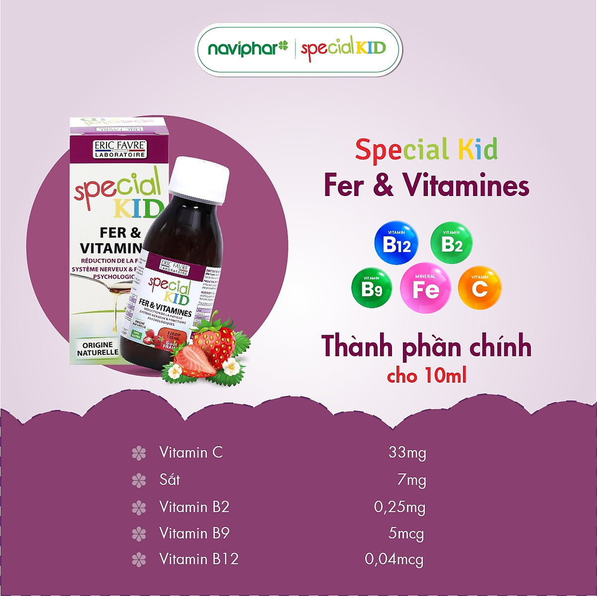 SPECIAL KID FER & VITAMINES - Siro Bổ sung sắt và các vitamin C, B2, B9, B12 - Giúp giảm thiếu máu do thiếu sắt - Nhập khẩu Pháp (125ml)