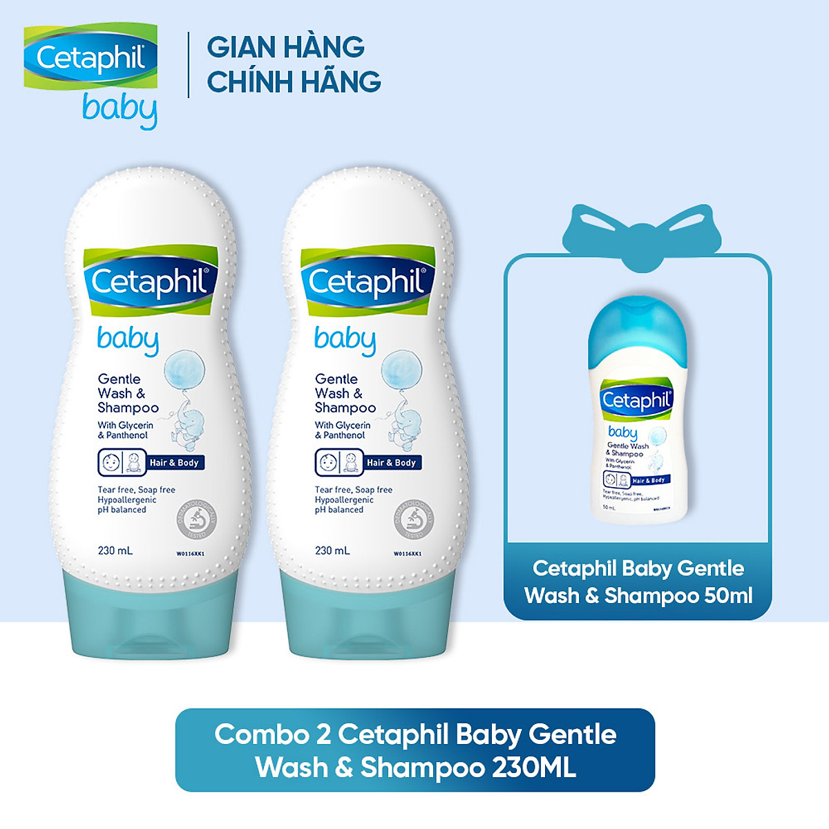 [Tặng Cetaphil Baby 50ml] Combo 2 Sữa tắm gội dịu lành cho bé Cetaphil Baby Gentle Wash & Shampoo 230ml/chai
